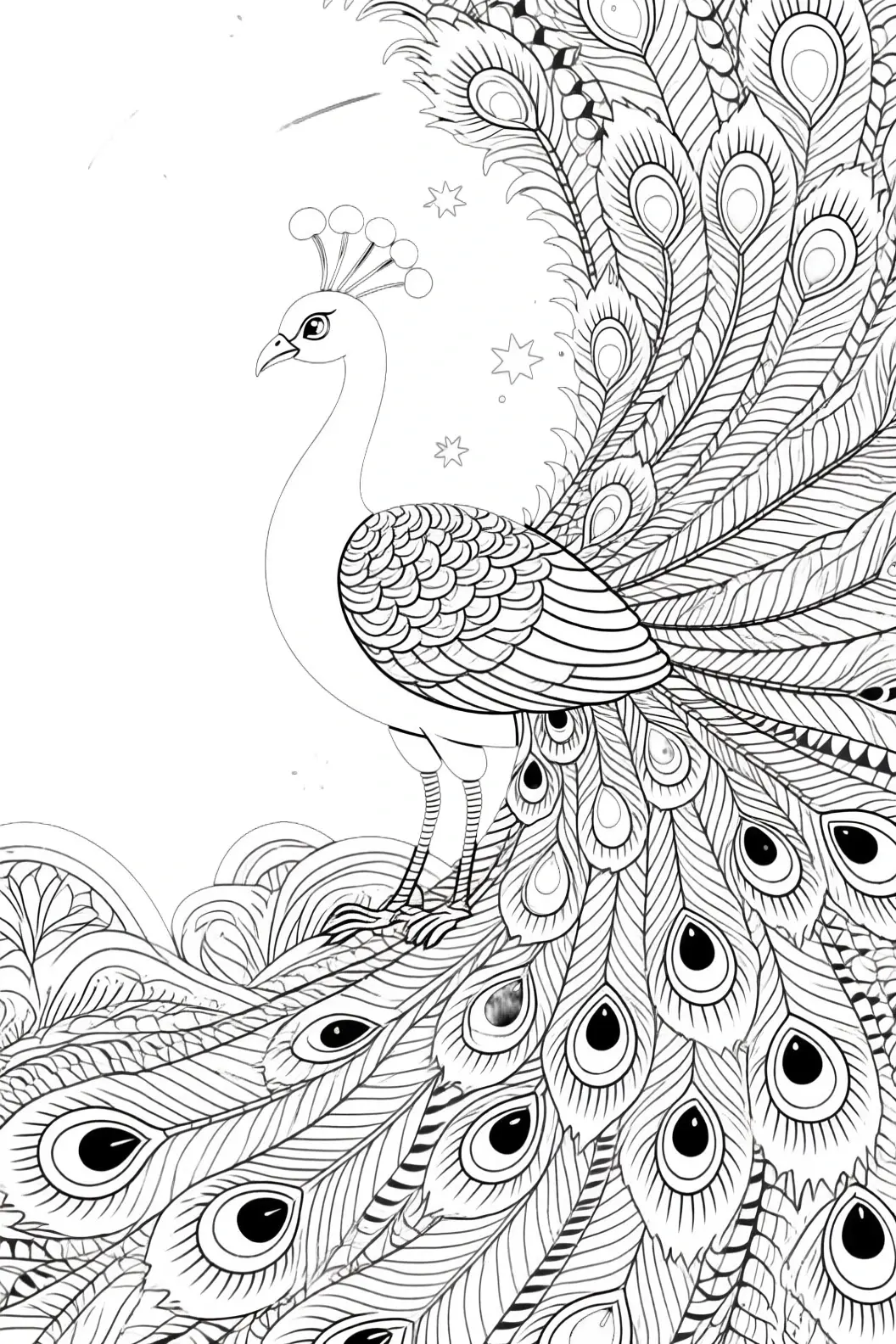 Intricate peacock coloring page with flowing tail feathers detailed coloring page, kids' coloring page, printable coloring page and coloring sheets in mandala style.
