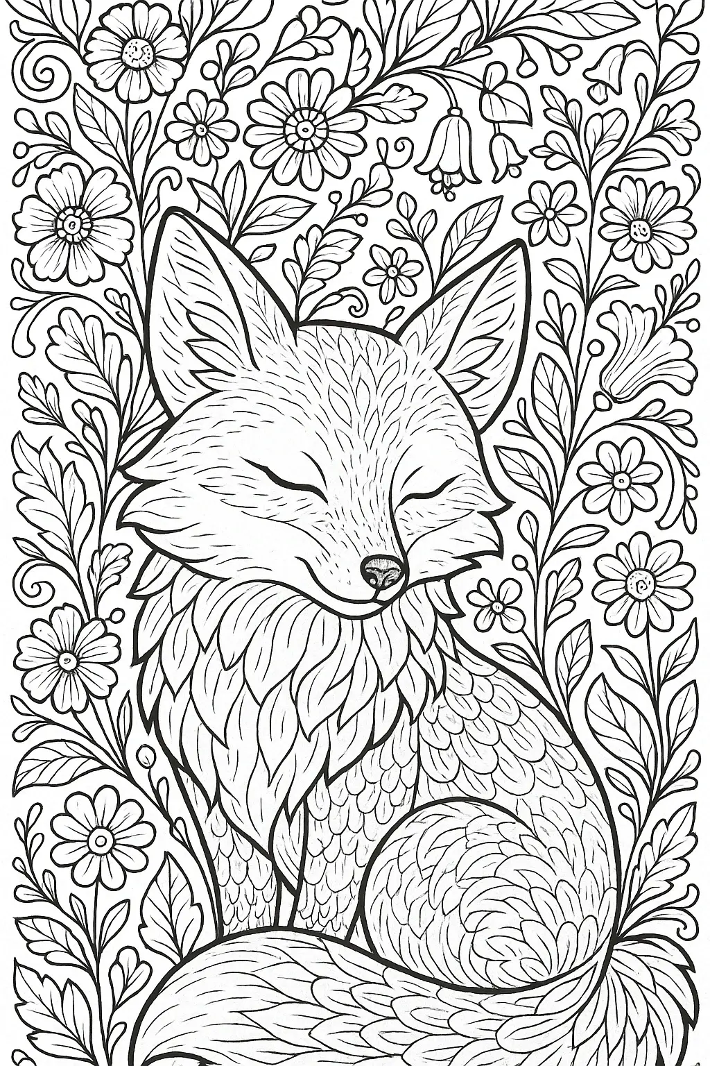Black and white detailed fox coloring page surrounded by flowers a printable coloring page style image ideal for detailed coloring page, kids' coloring page, printable coloring page and coloring