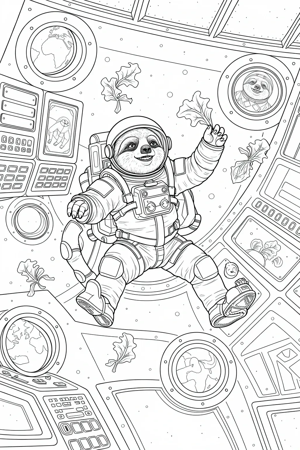 Cute sloth astronaut floating inside a spaceship among lettuce leaves detailed coloring page for kids and adults, kids' coloring page, printable coloring page and fun coloring sheets featuring an