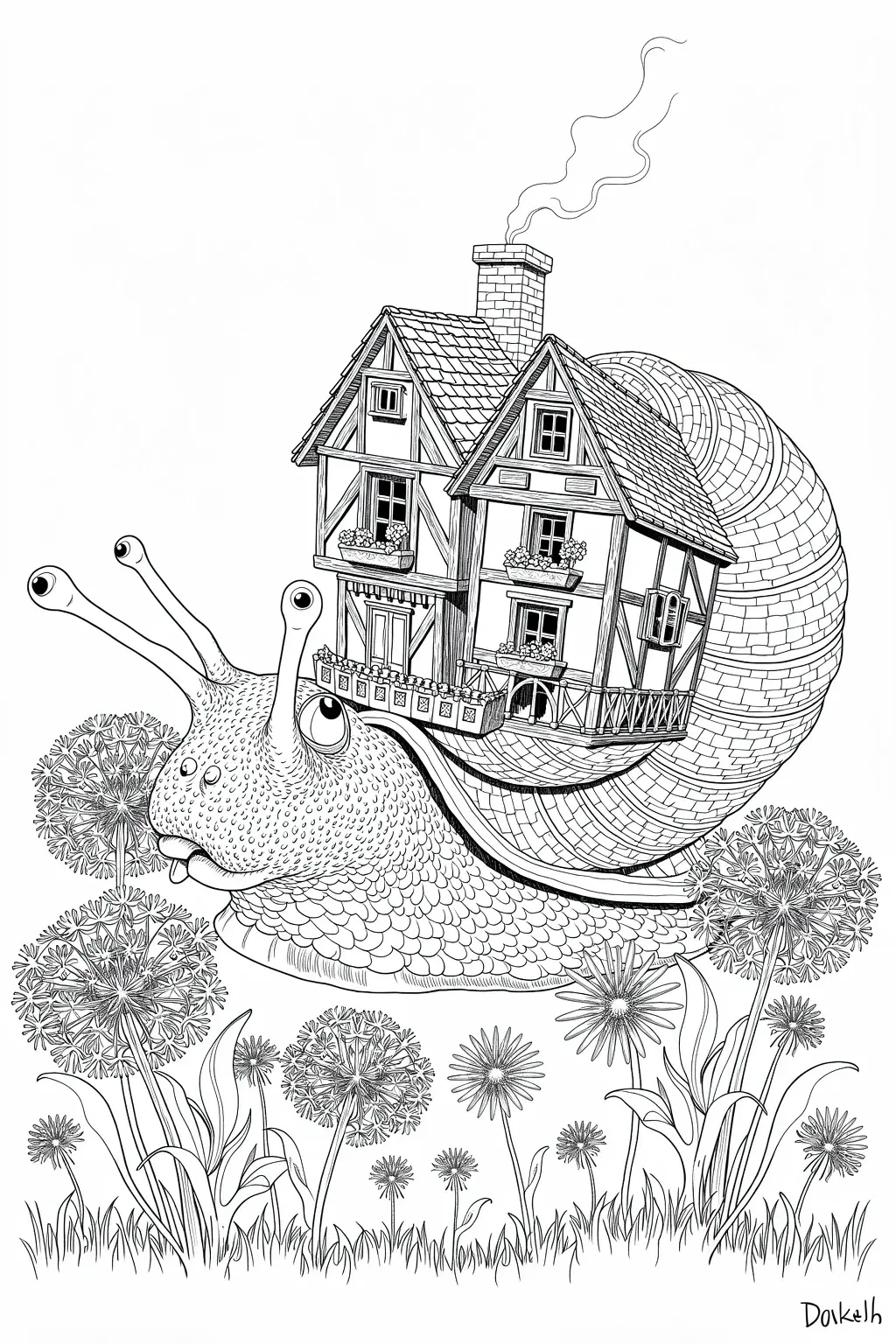 Whimsical snail carrying a cottage on its shell among flowers black-and-white line art for detailed coloring page, kids' coloring page, printable coloring page, and coloring sheets.