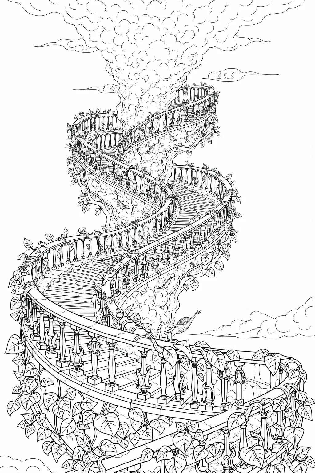 Black-and-white fantasy spiral staircase coloring page with winding balustrades, vines and a small bird. Perfect detailed coloring page, kids' coloring page, printable coloring page and coloring