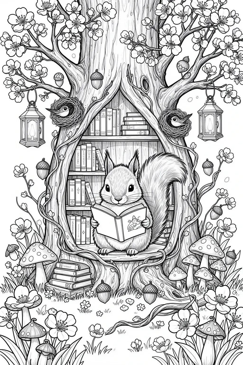 Detailed coloring page of a squirrel reading in a tiny blossom library with books, mushrooms, and woodland details.