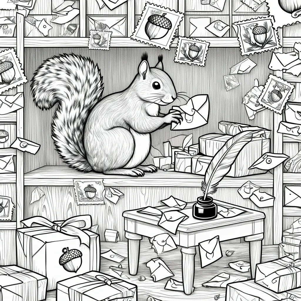 Black and white detailed coloring page illustration of a squirrel sitting in a mail room surrounded by envelopes, stamps, gifts, and a feather pen, perfect for kids' coloring page, printable coloring