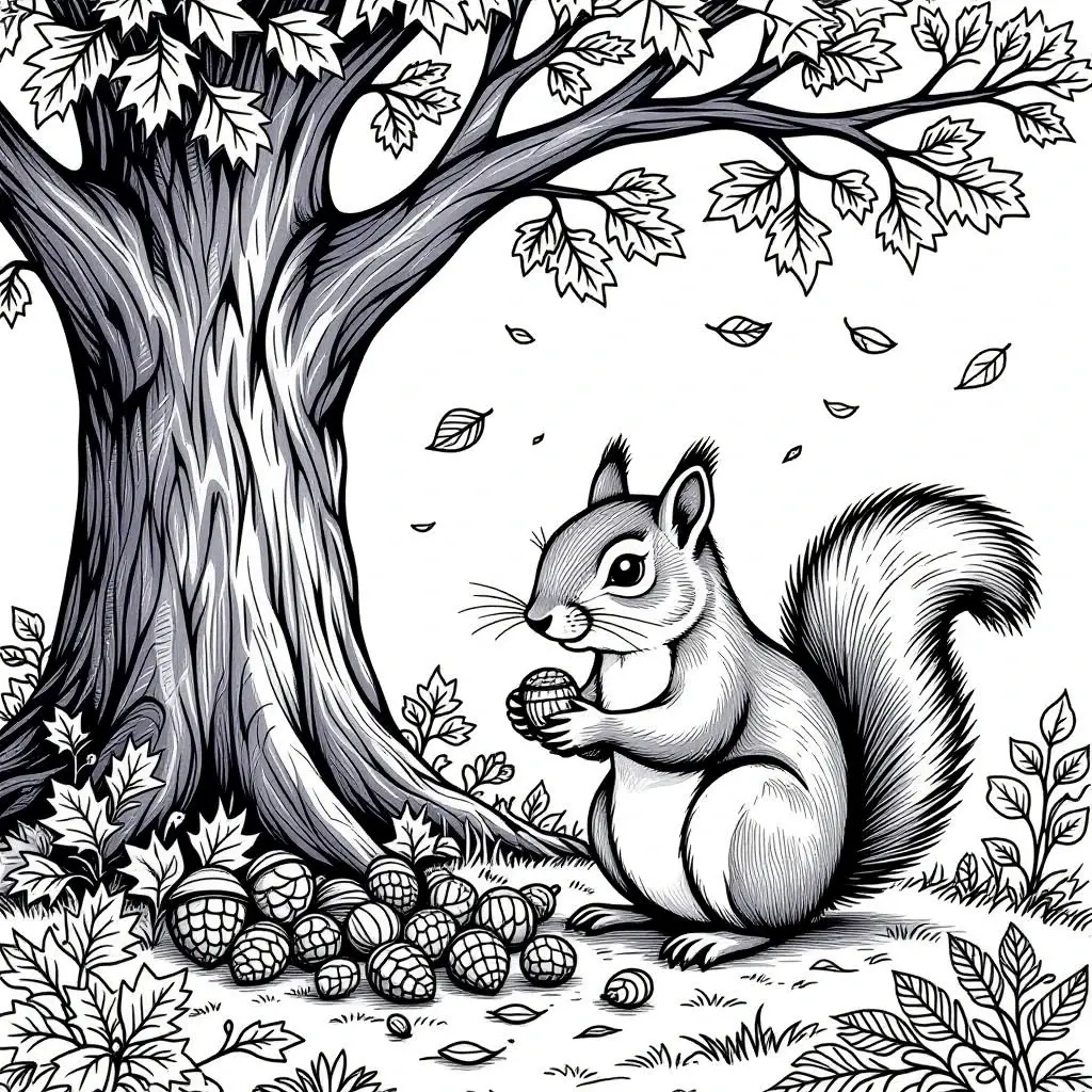 Black-and-white squirrel under a tree with a pile of acorns detailed coloring page, kids' coloring page, printable coloring page and coloring sheets for fall and animal themes.