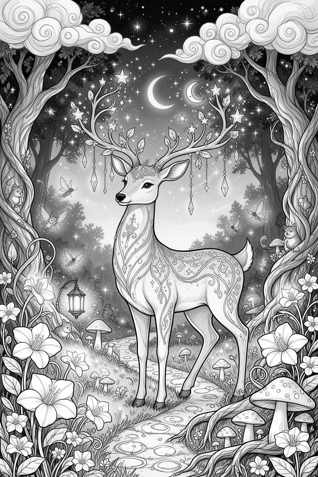 Starlight Deer coloring page in an Enchanted Grove.
