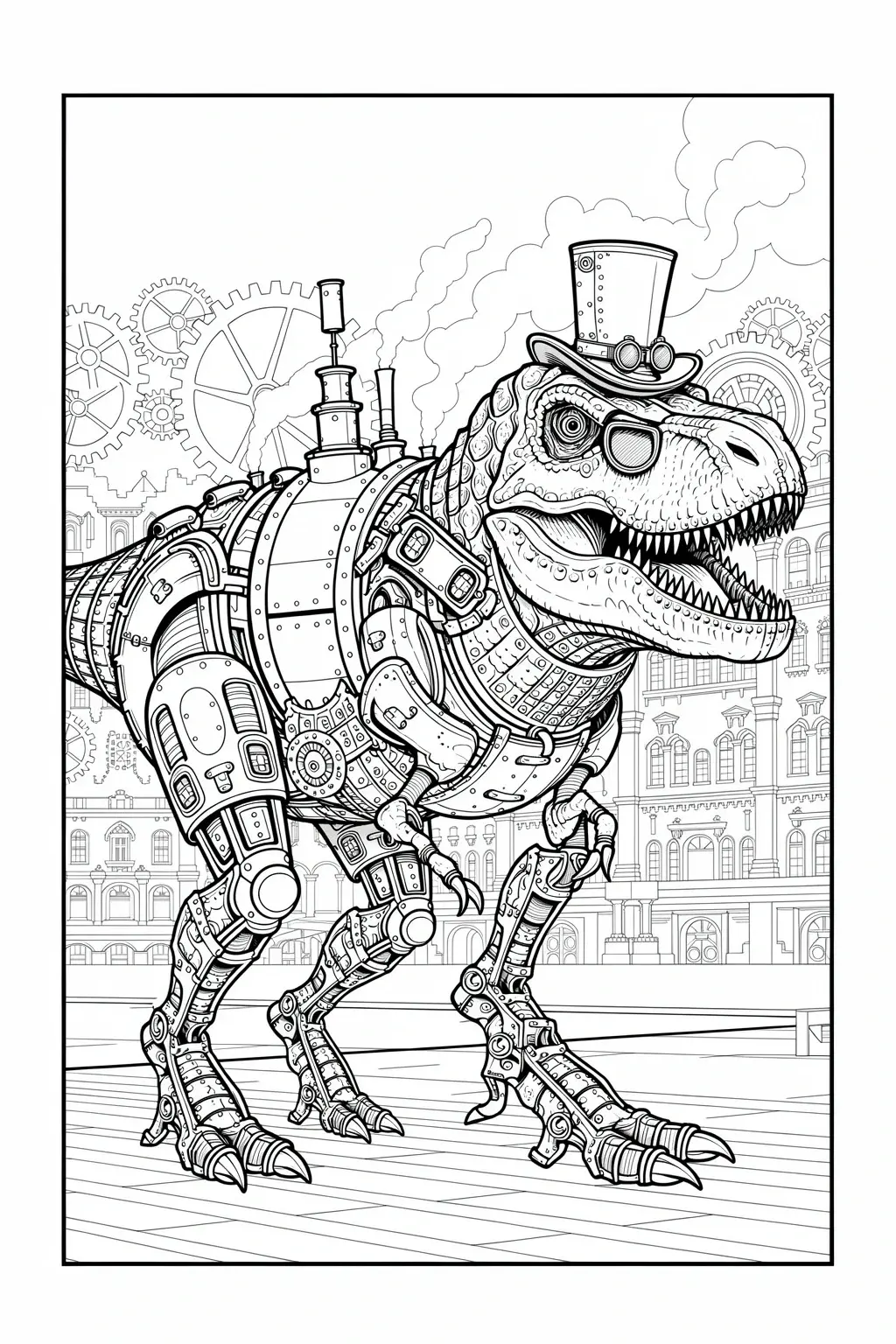 Steampunk mechanical T Rex line art: detailed coloring page and kids' coloring page style, ready as printable coloring page and coloring sheets with gears and Victorian buildings.