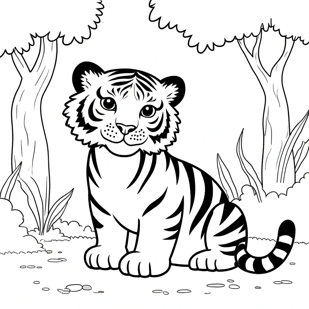 Cute tiger cub coloring page in black and white, an animal printable coloring sheet ideal for kids' coloring page, detailed coloring page, and printable coloring page collections.