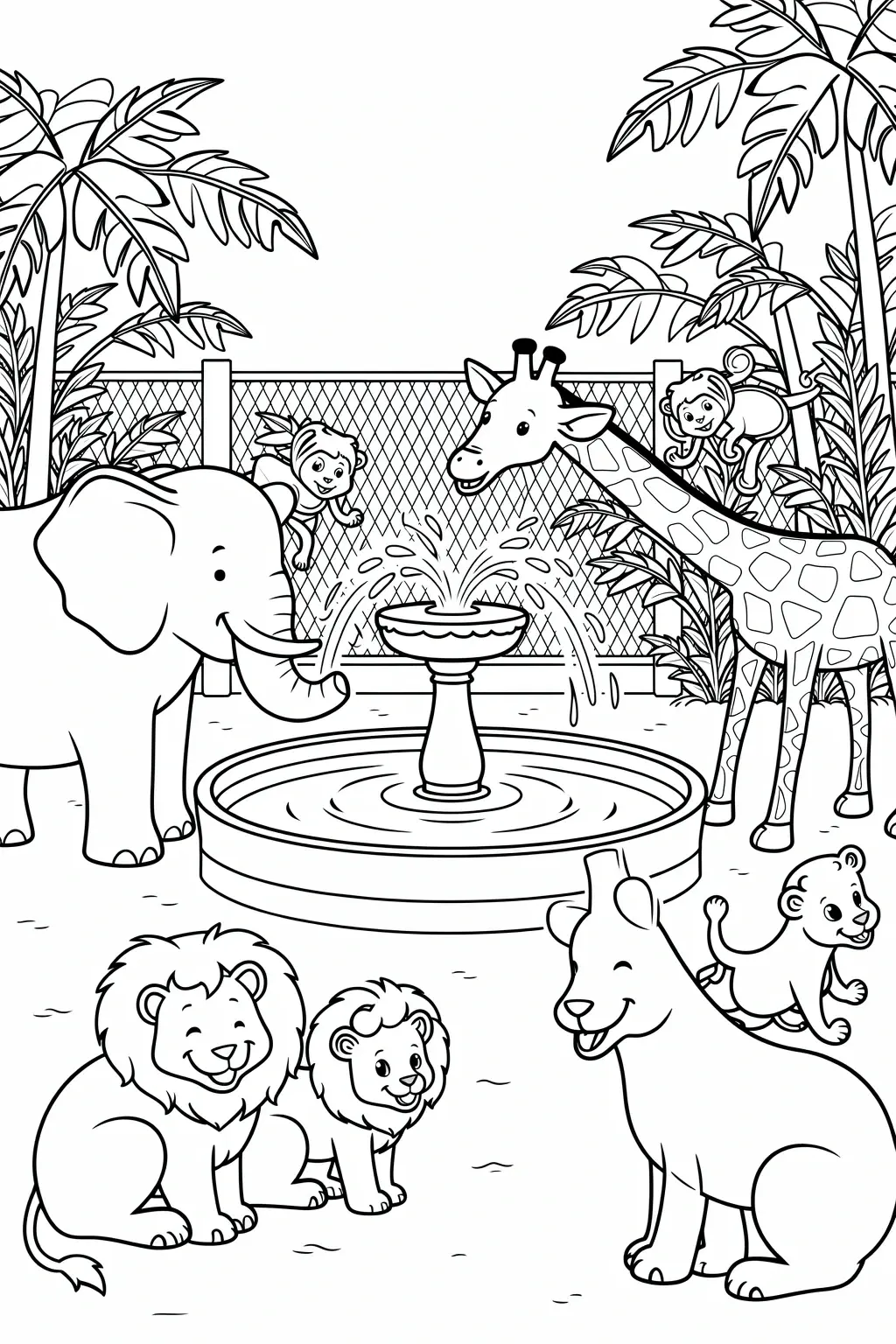 Black-and-white zoo animals coloring page showing an elephant, giraffe, lions, kangaroo and monkeys around a fountain detailed coloring page, kids' coloring page, printable coloring page and coloring