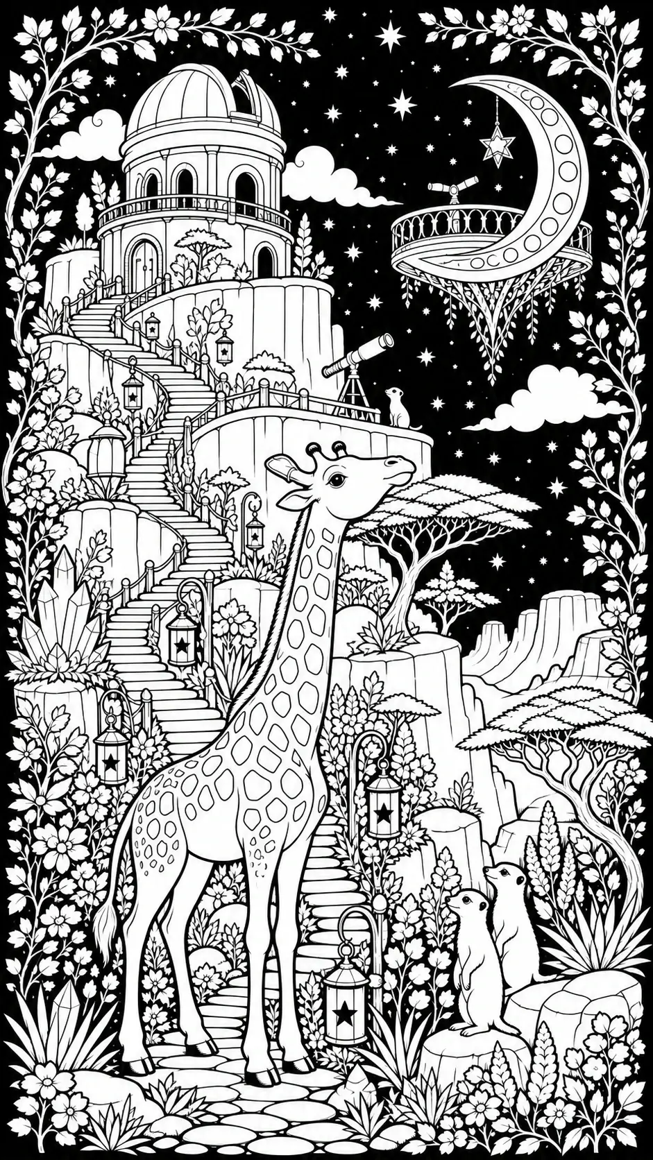 A giraffe stands among stairs, lanterns, an observatory, a crescent moon, and stars in a black-and-white coloring page.