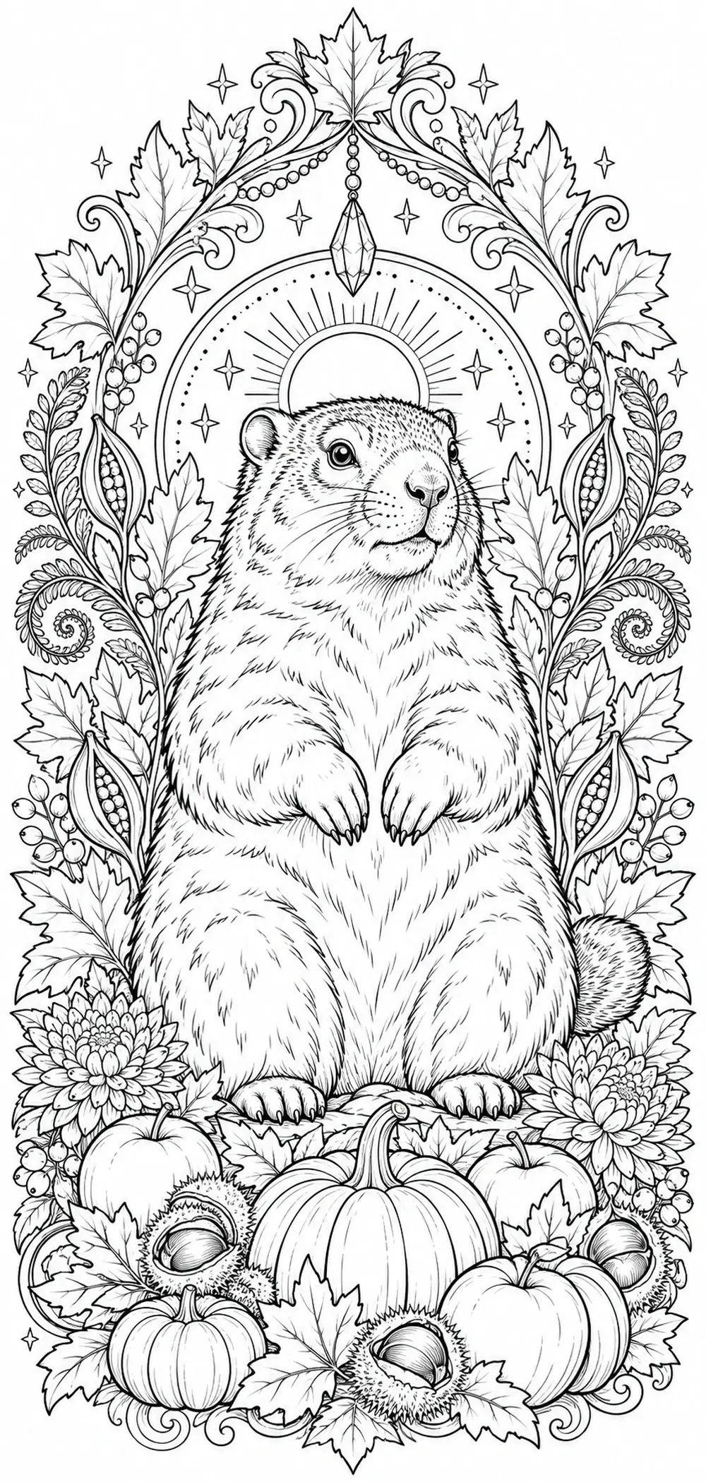 A groundhog sits inside an ornate autumn frame with leaves, pumpkins, acorns, berries, and a sunburst coloring page.