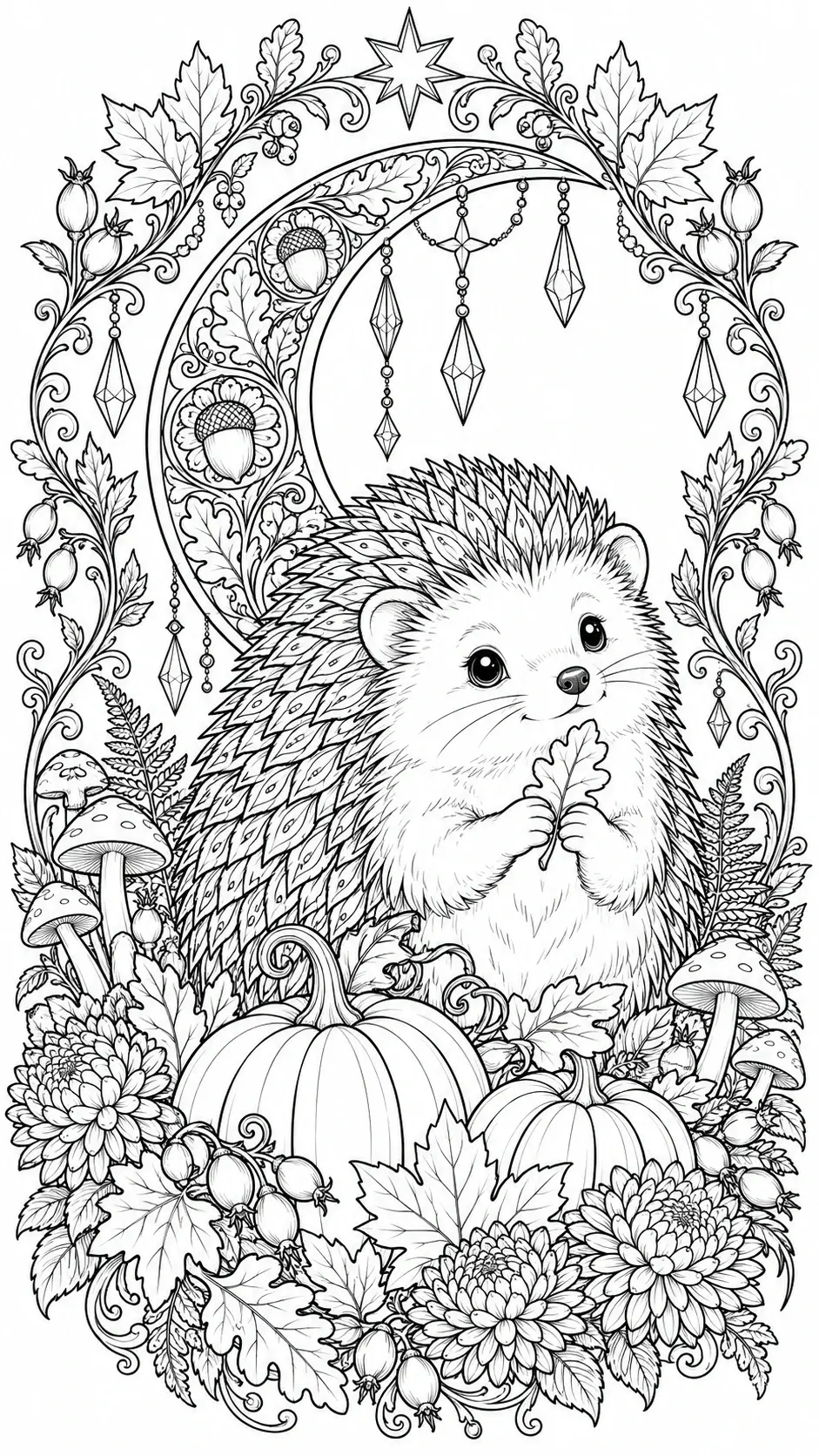 A cute hedgehog coloring page with pumpkins, autumn leaves, mushrooms, and hanging crystal ornaments in an ornate wreath.
