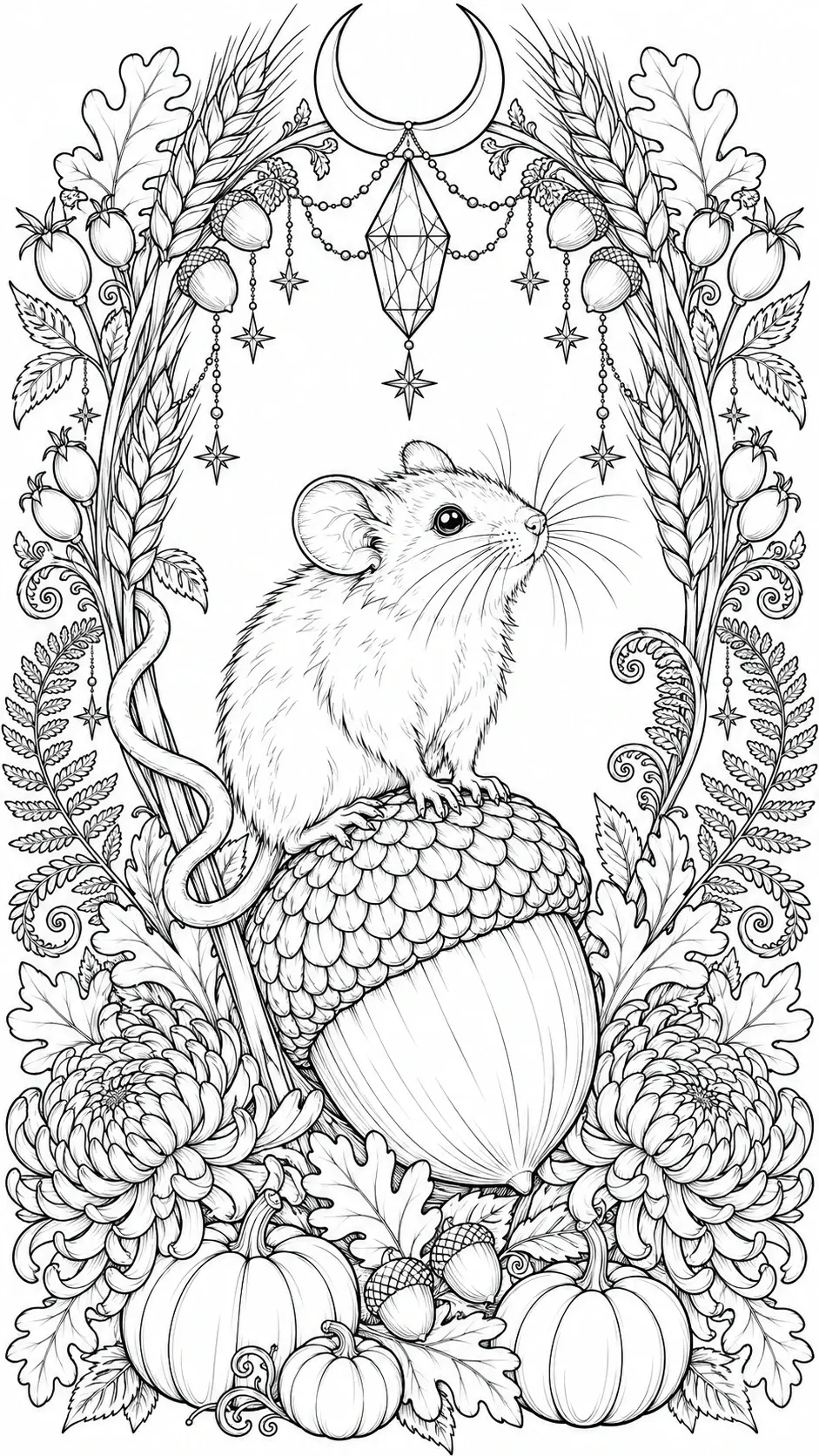 A mouse sits on an acorn surrounded by acorns, pumpkins, flowers, and an ornate harvest border coloring page.