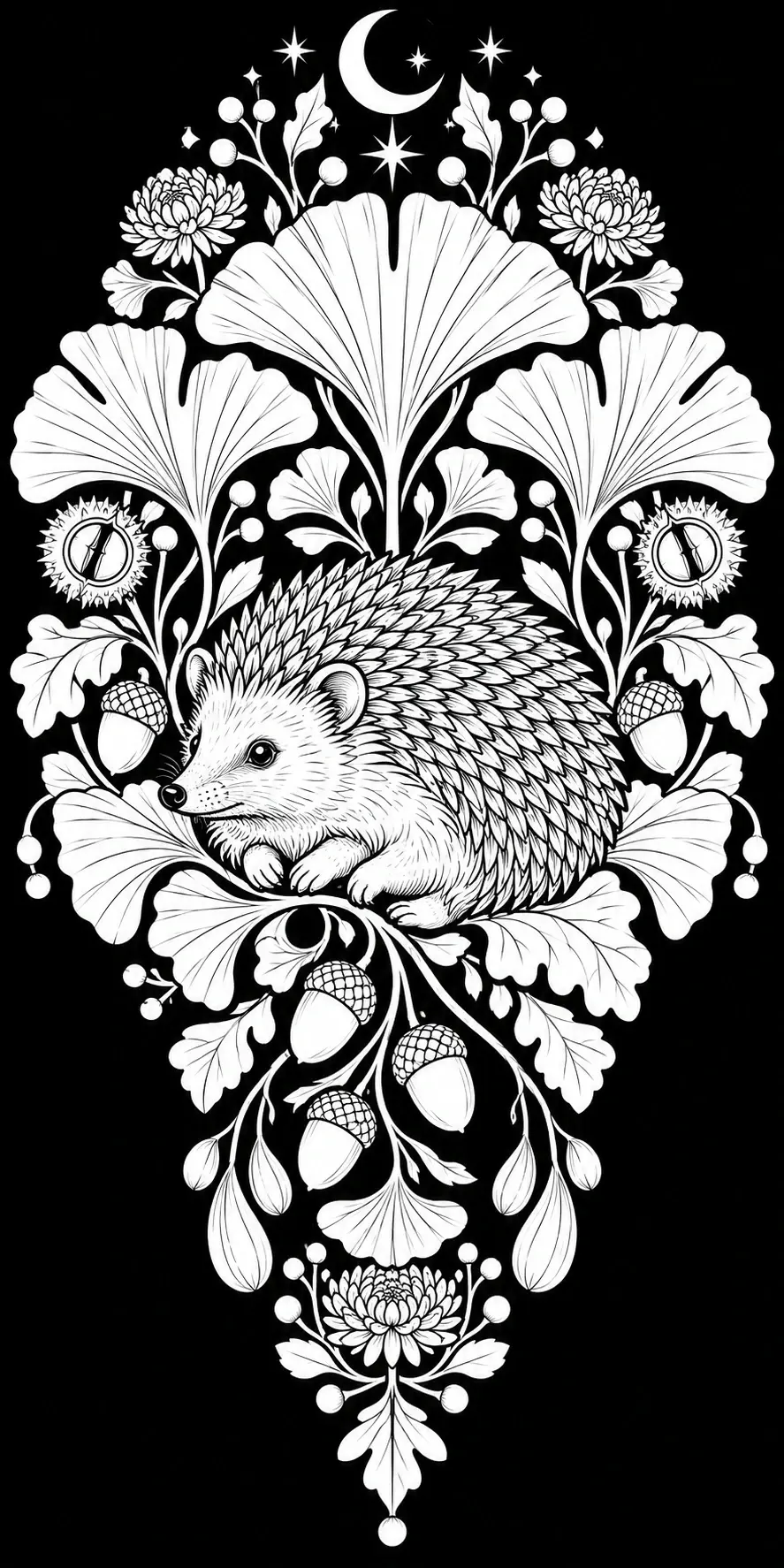 A detailed hedgehog rests among large flowers, leaves, acorns, stars, and a crescent moon in this coloring page.