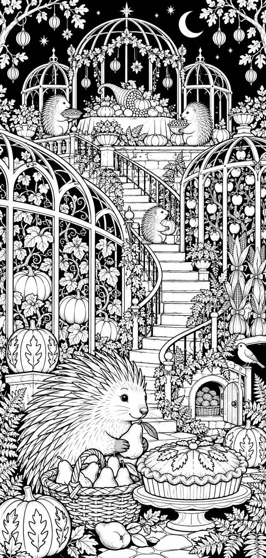 A detailed black-and-white coloring page shows several hedgehogs among pumpkins, a pie, leafy vines, and ornate garden stairways beneath a crescent moon.