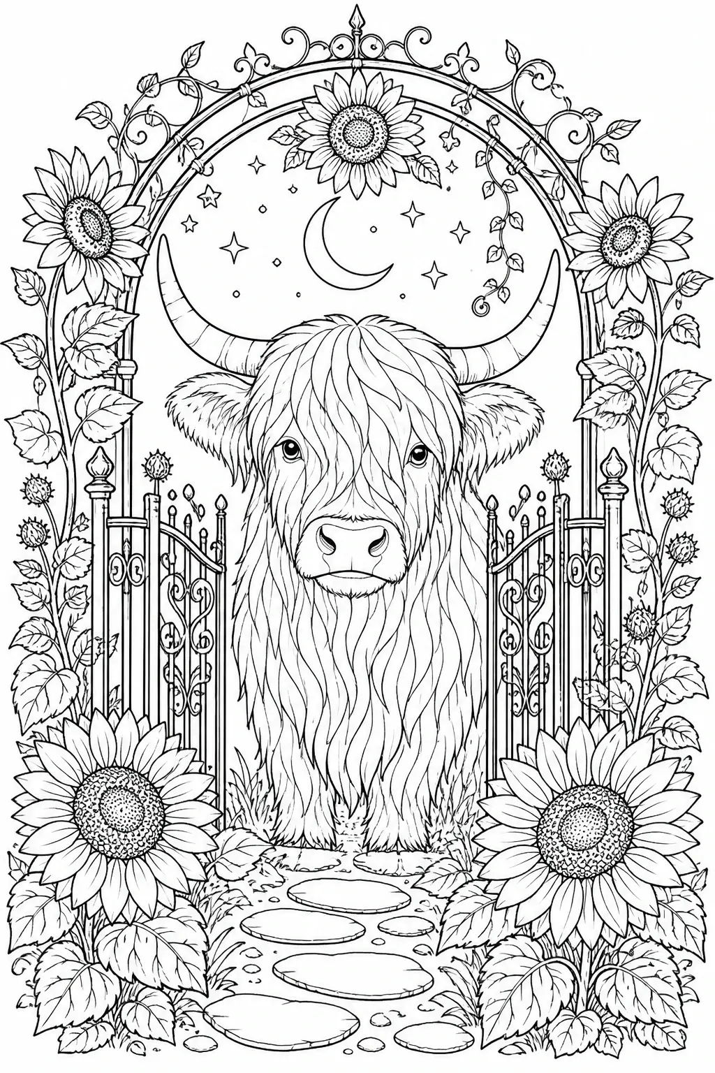 A highland cow coloring page shows a shaggy cow standing in a sunflower garden with an arched gate, moon, and stars.
