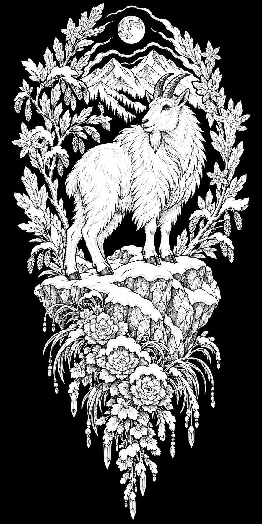 A shaggy horned goat stands on a rocky ledge surrounded by flowers, with mountain peaks and a moon in the background of this coloring page.