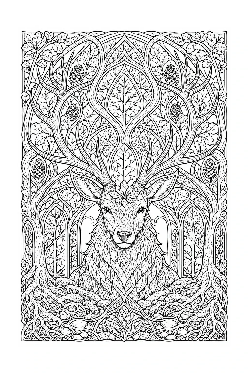 Intricate coloring page of a deer with large antlers surrounded by leaves, pinecones, and stylized forest branches.