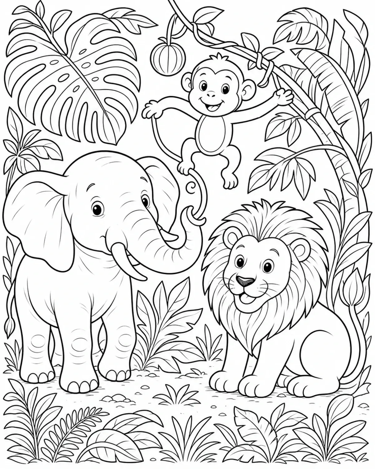 A black-and-white coloring page shows an elephant, a lion, and a monkey among jungle leaves.
