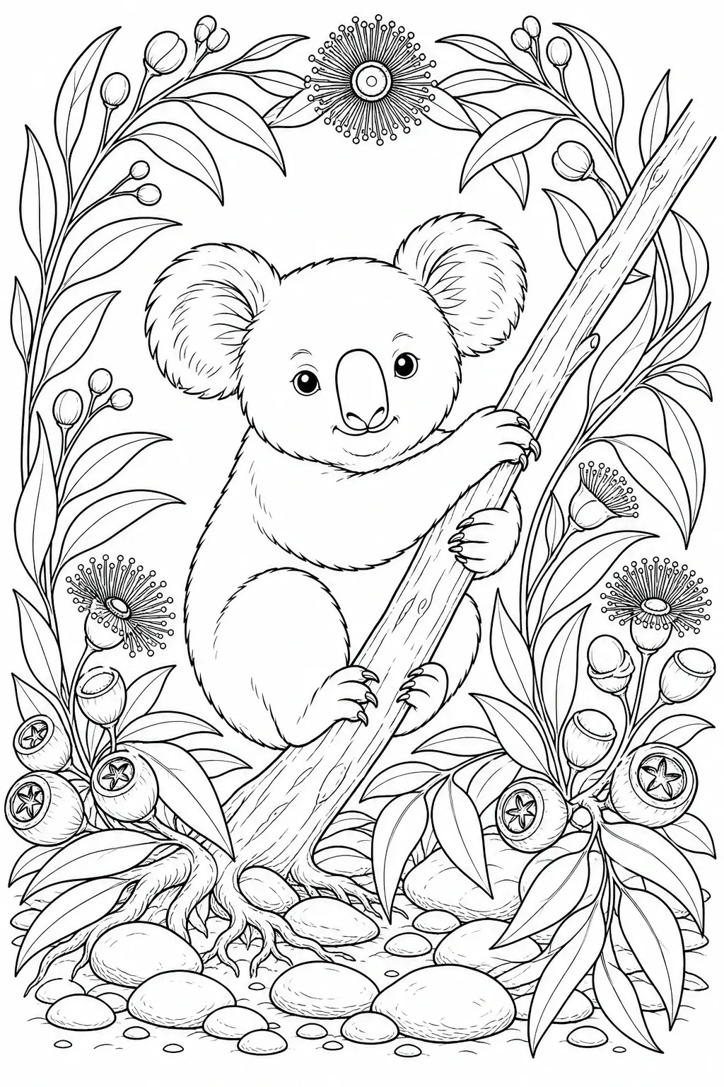 A cute koala clings to a branch surrounded by eucalyptus leaves in a coloring page.