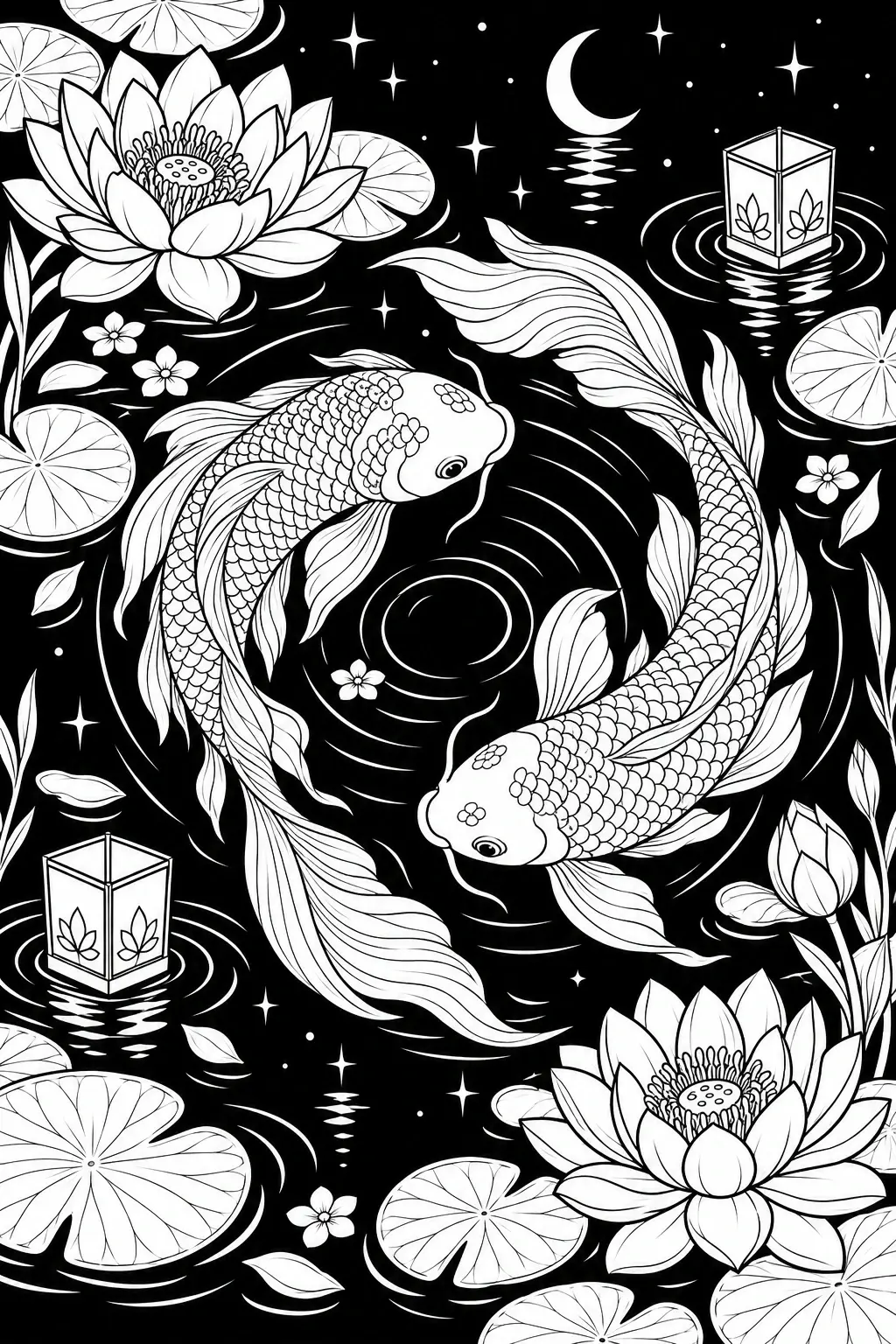 A detailed coloring page shows two koi fish circling among lotus flowers and lily pads beneath a crescent moon and stars.
