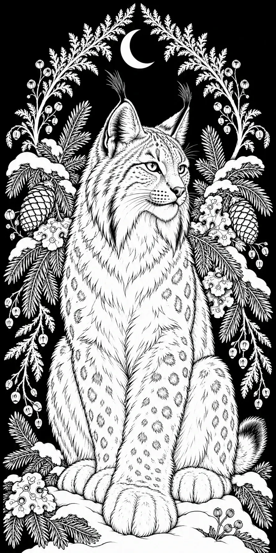 A detailed lynx sits among snowy evergreen branches, pinecones, and berries beneath a crescent moon in this coloring page.