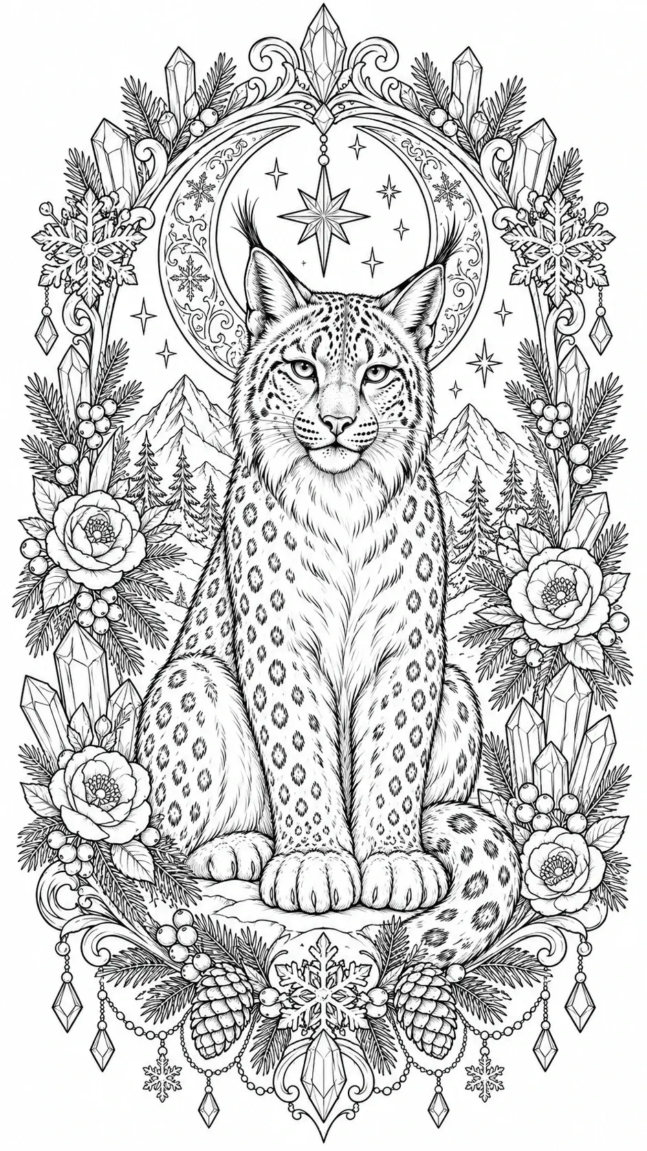A black-and-white coloring page of a lynx sitting in an ornate winter frame with crystals, snowflakes, flowers, and mountains.