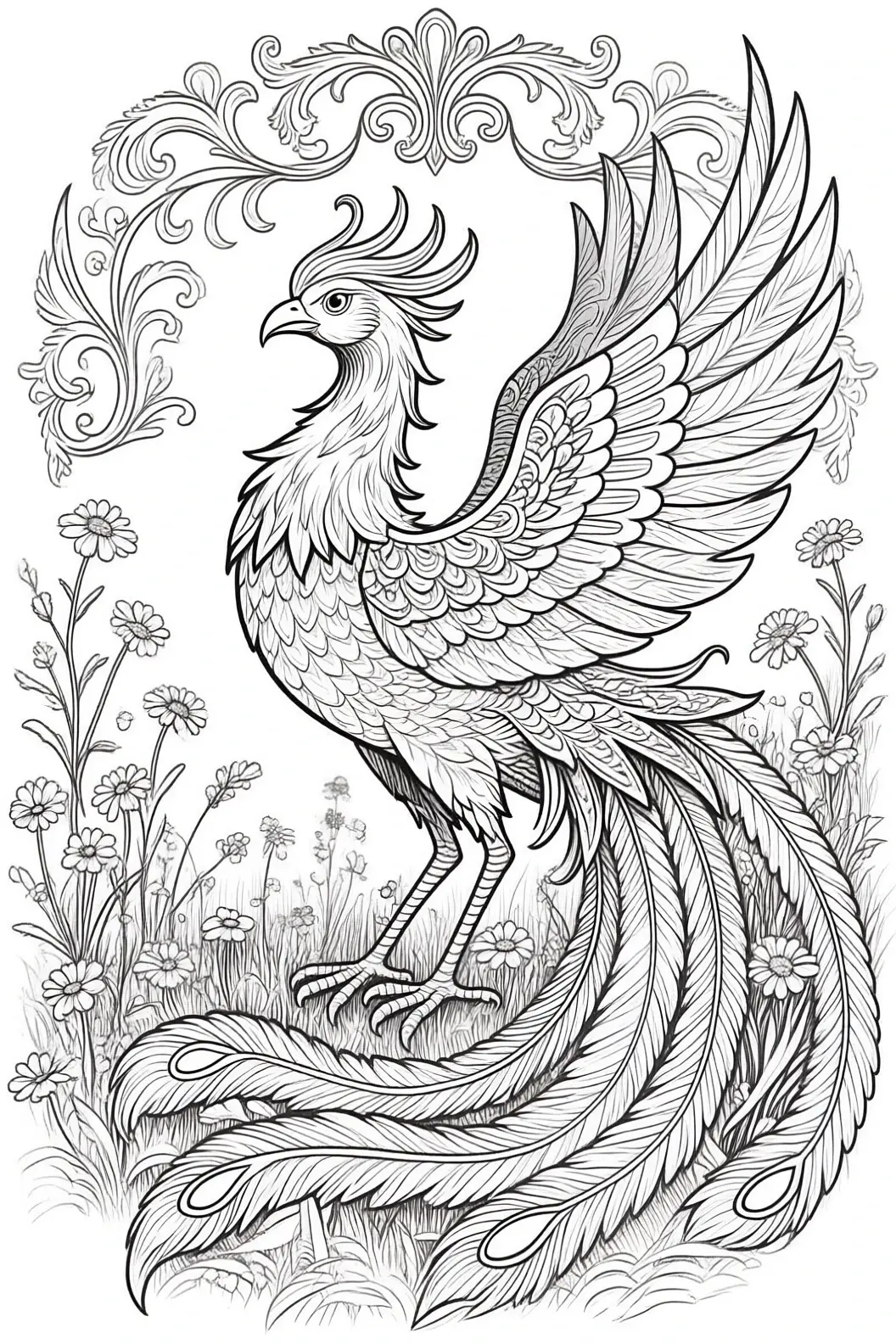 Black-and-white coloring page of a phoenix-like bird with mandala-style feathers in a spring meadow; part of animal coloring page and detailed coloring page for adult coloring page and kids' coloring