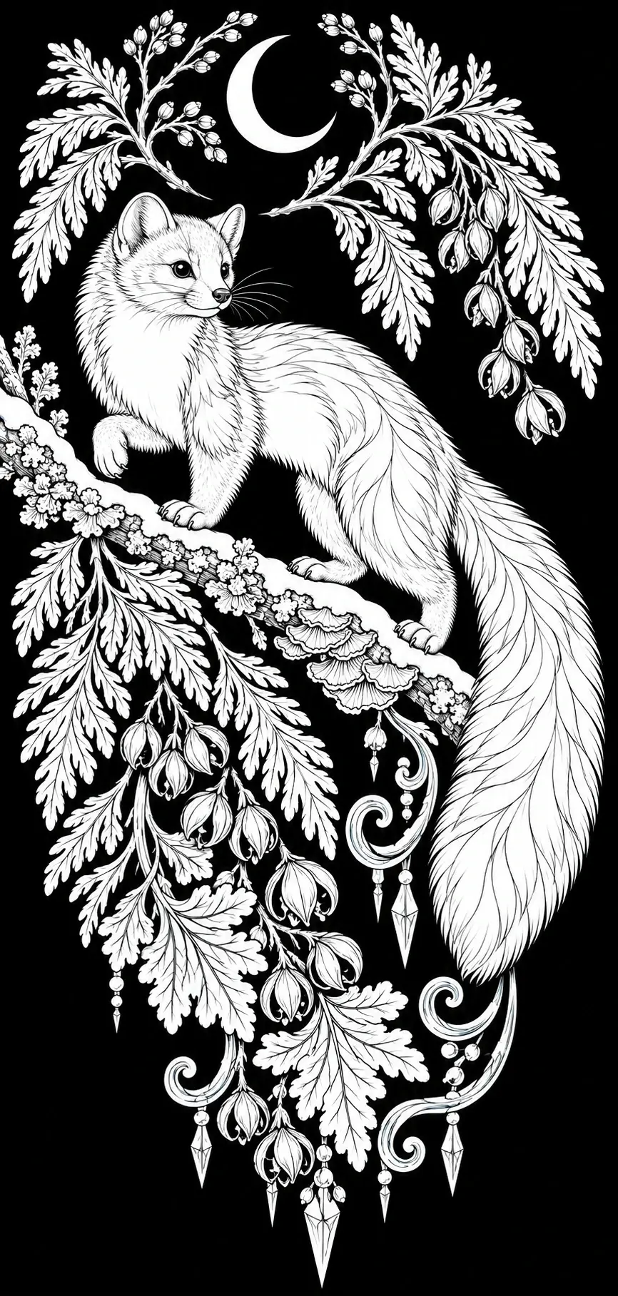A detailed marten stands among leafy branches, flowers, hanging ornaments, and a crescent moon in this coloring page.
