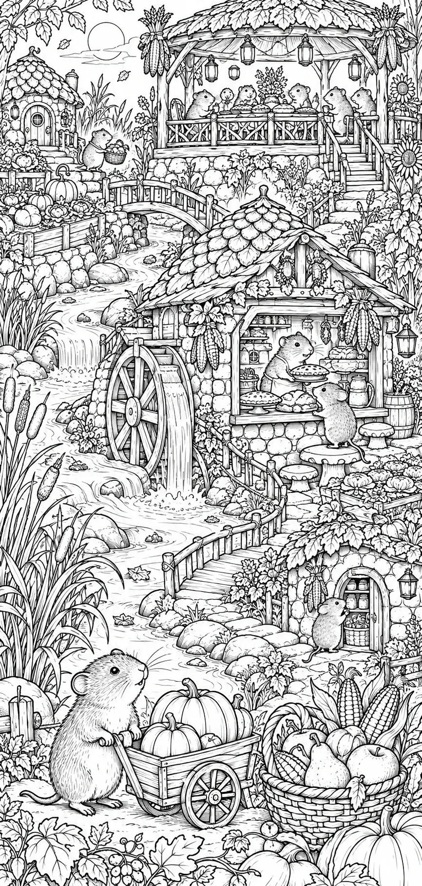 This detailed coloring page shows several mice in a harvest village with a waterwheel, pumpkin cart, corn, and cottages.
