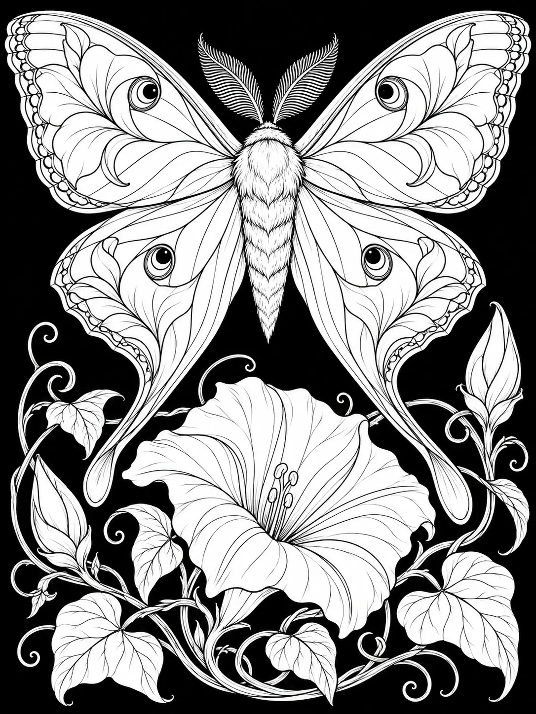 A detailed coloring page shows a moth with eye-spotted wings above a moonflower and curling vines, with white shapes on a black background.