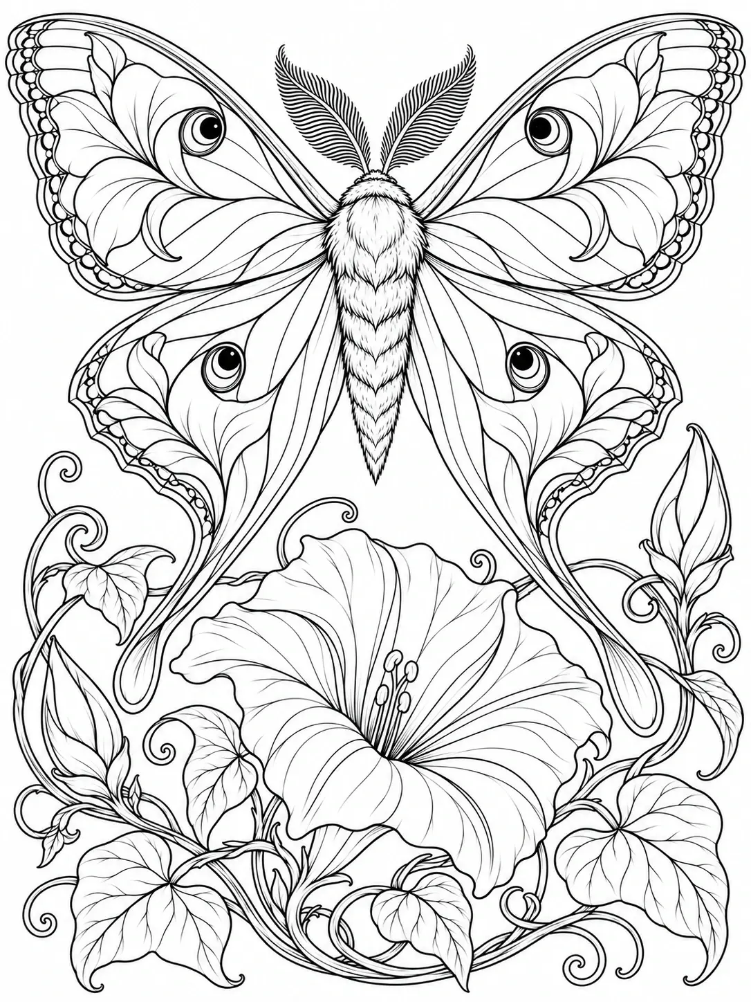 A detailed coloring page shows an eye-spotted moth above a moonflower and curling vines in black outlines on a white background.