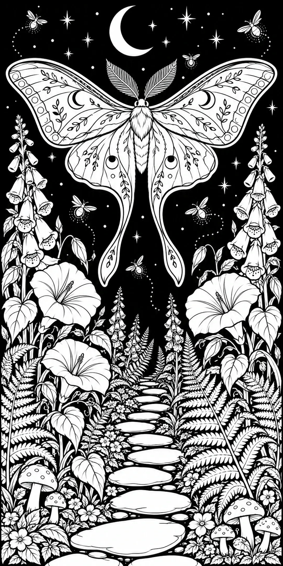 A detailed black-and-white coloring page shows a large patterned moth above a moonlit garden path surrounded by flowers, ferns, mushrooms, stars, and a crescent moon.