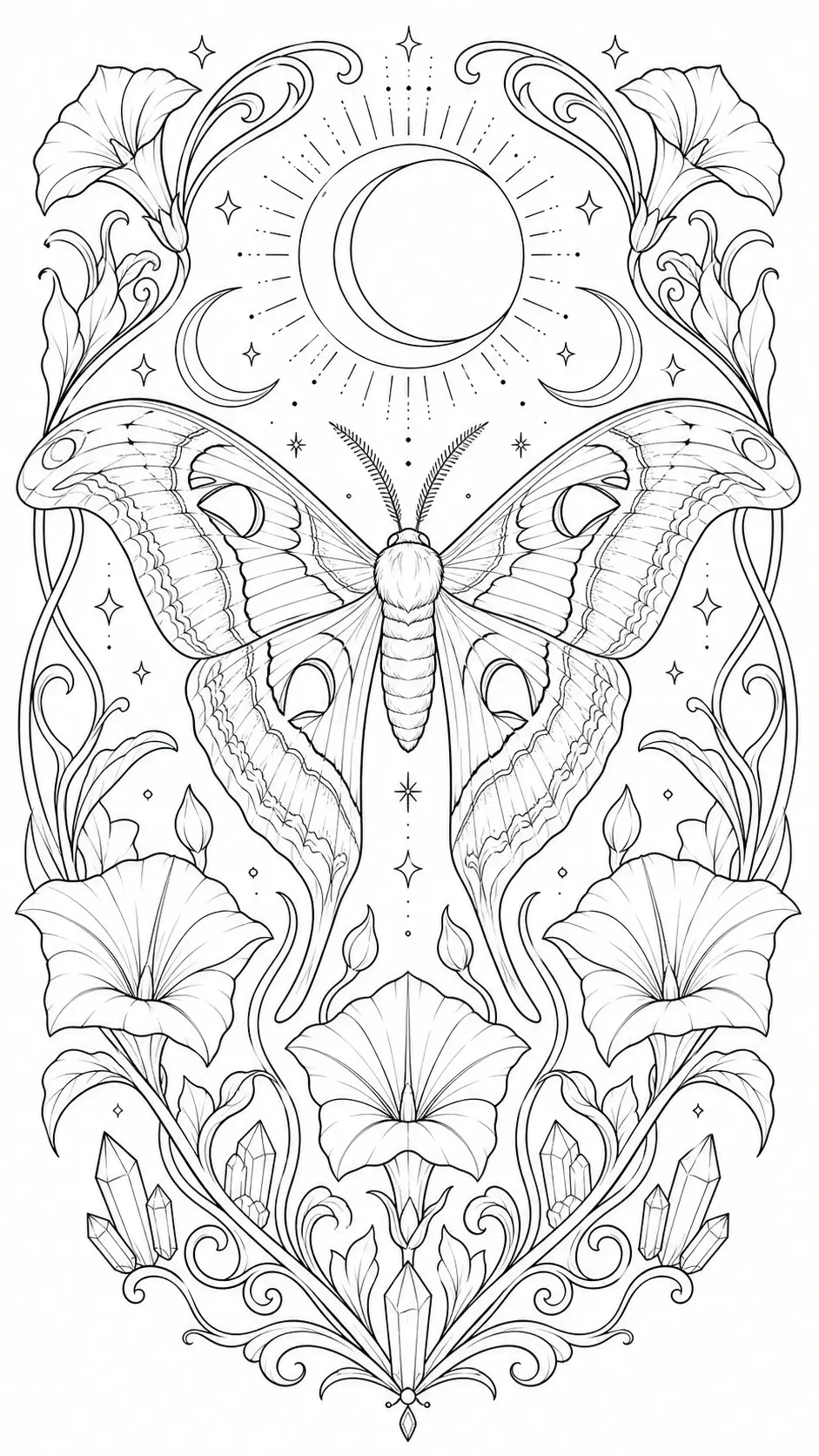 A decorative moth coloring page with a crescent moon, flowers, stars, and crystals in a symmetrical frame.