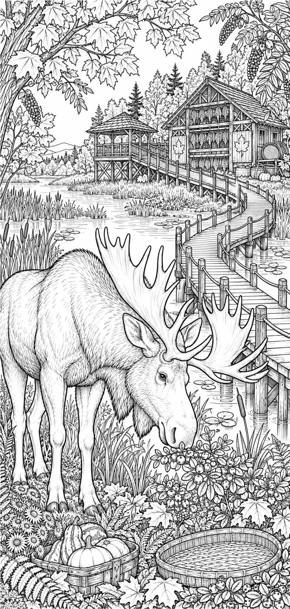 A detailed moose stands beside a wetland boardwalk and cabin scene in a black-and-white coloring page.