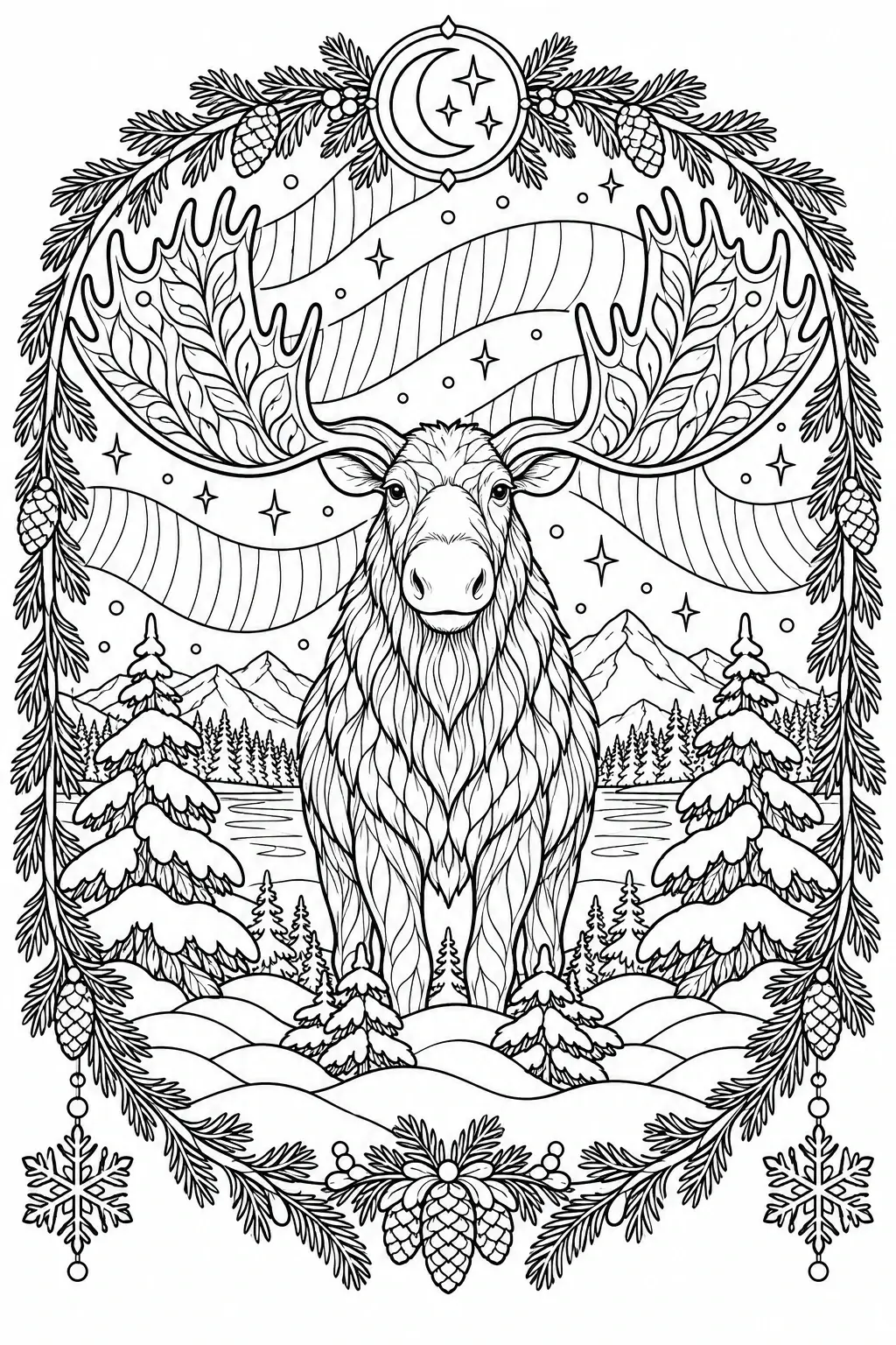 A moose stands in a snowy forest with pine trees, mountains, and a decorative winter frame coloring page.
