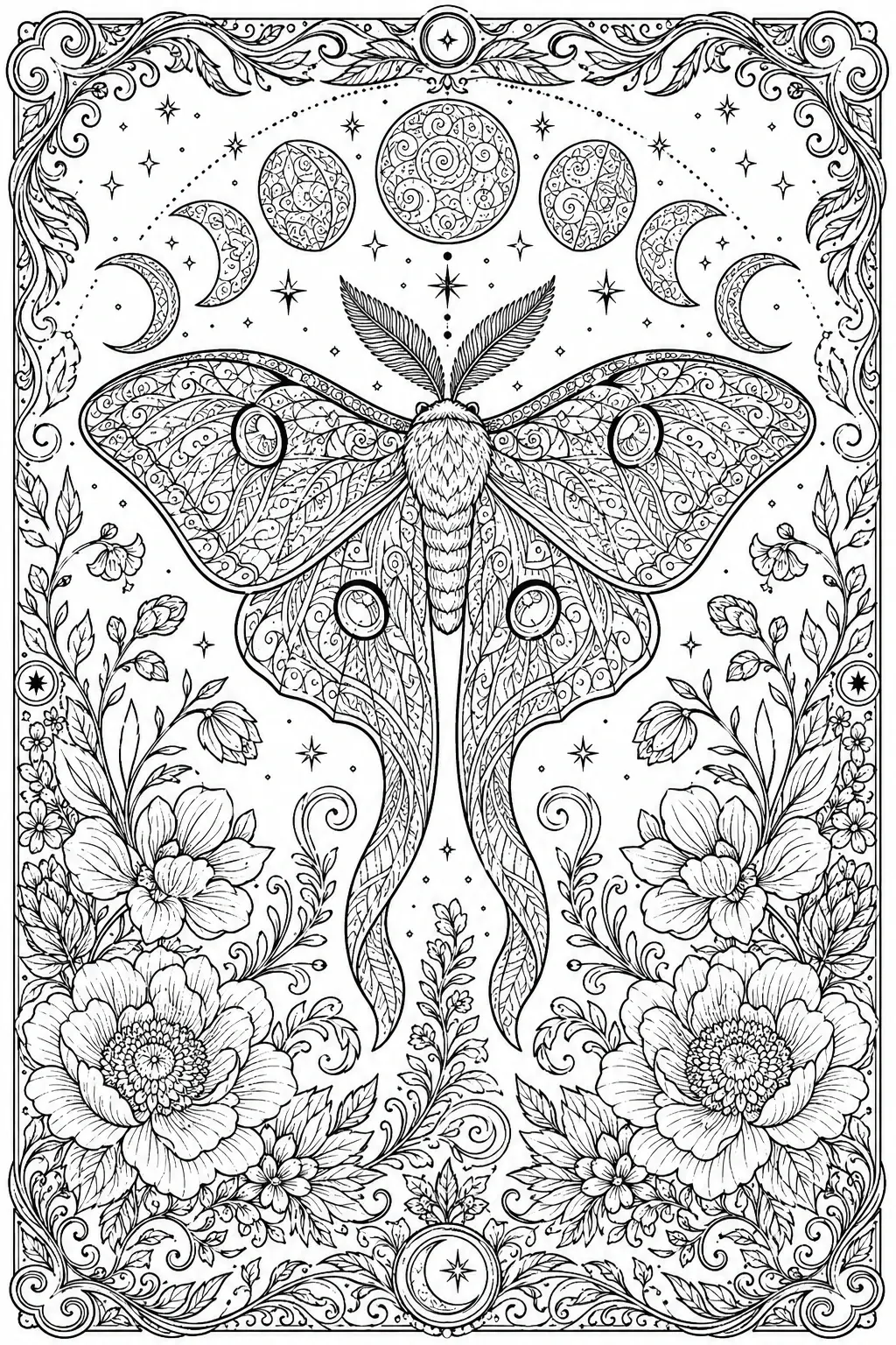 A decorative moth coloring page with moon phases, stars, and floral borders in black-and-white.