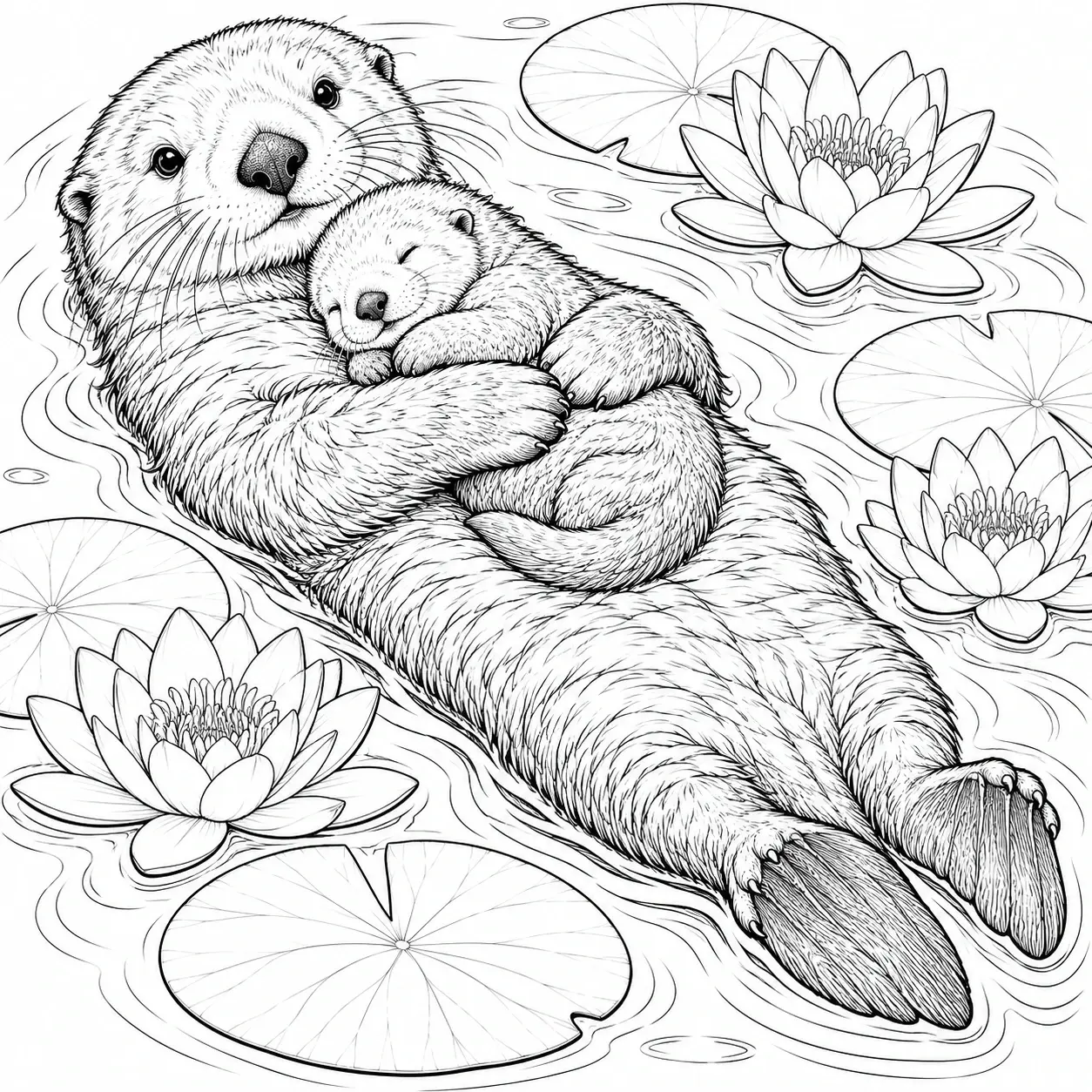 A mother otter cuddles her pup in a pond surrounded by water lilies and lily pads in this coloring page.