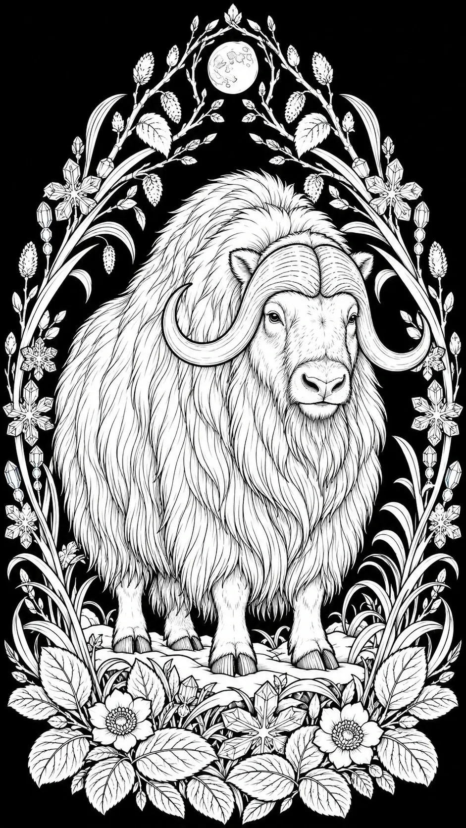 A detailed musk ox stands beneath a full moon, surrounded by leafy branches, flowers, and crystal-like snowflakes in this coloring page.