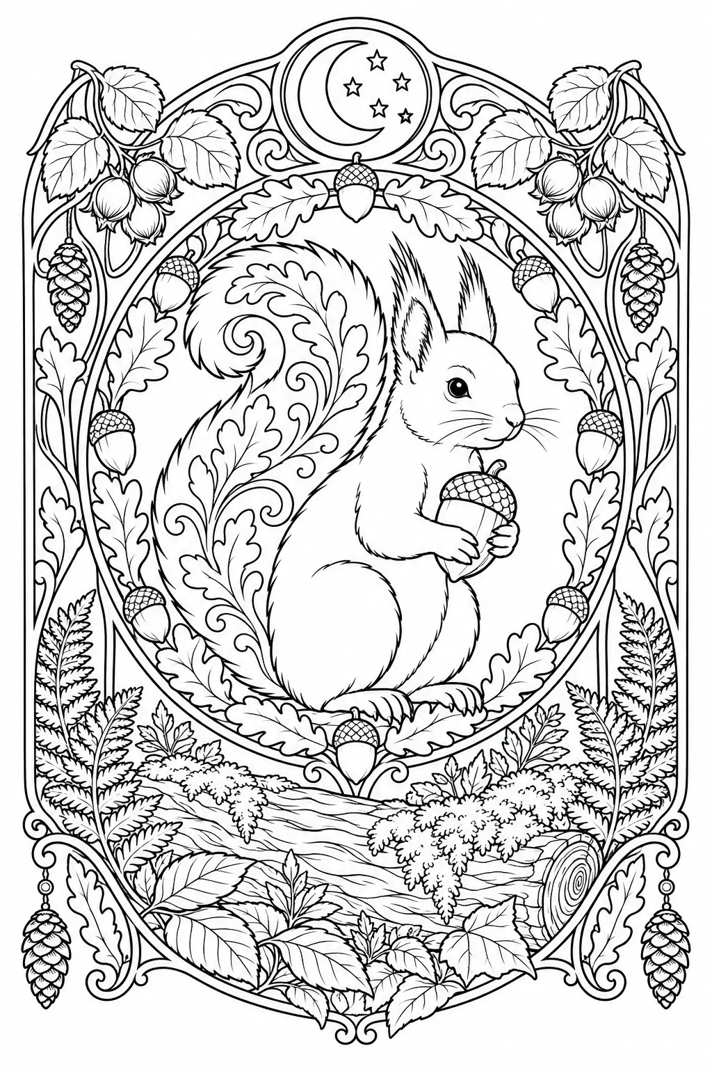 A detailed black-and-white coloring page of a squirrel holding an acorn inside an ornate frame with leaves, stars, and forest plants.