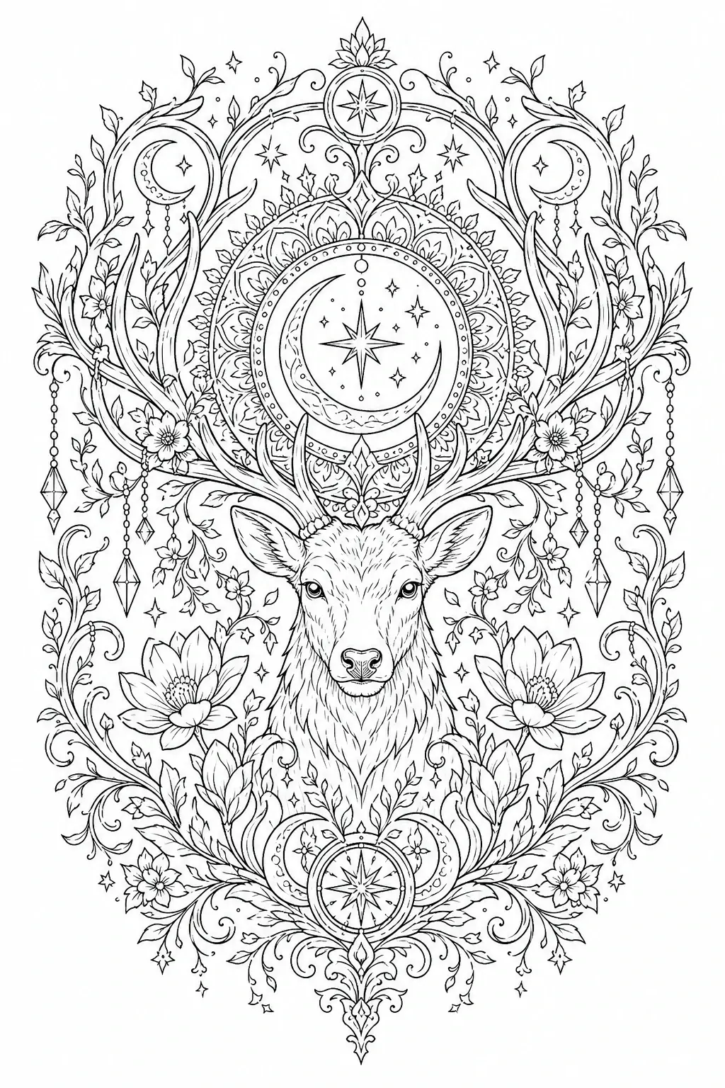 Black and white coloring page of ornate deer head surrounded by antlers, flowers, moons, stars, and decorative mandala-style details