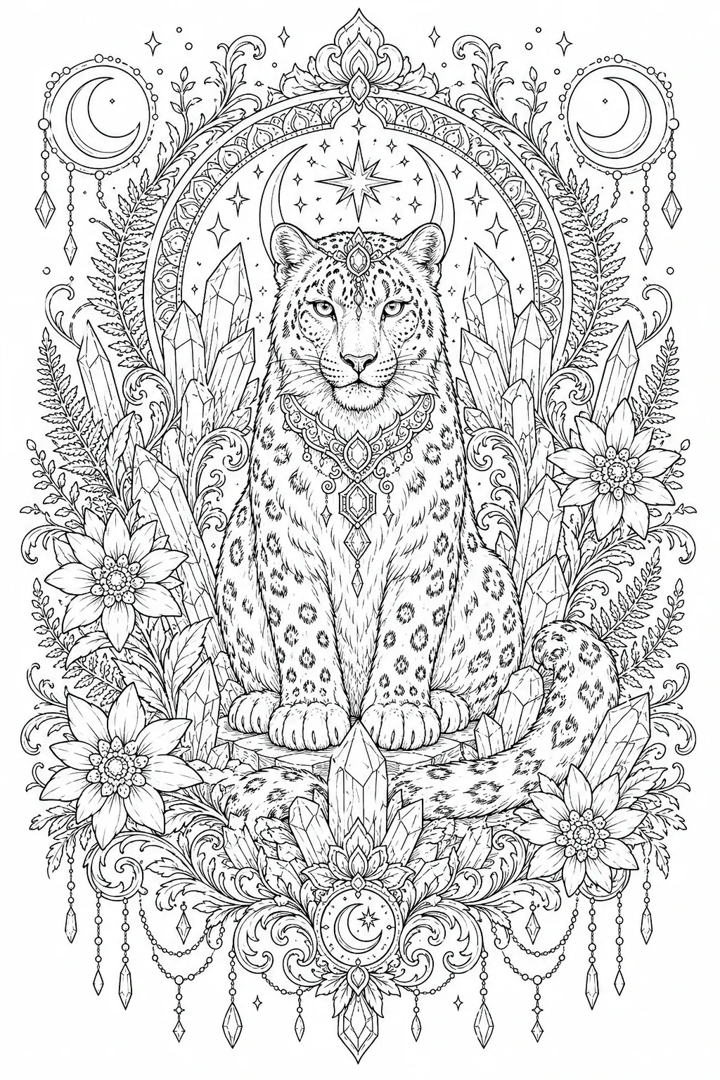 Intricate coloring page of a leopard sitting inside an ornate frame with crystals, moons, stars, and flowers.