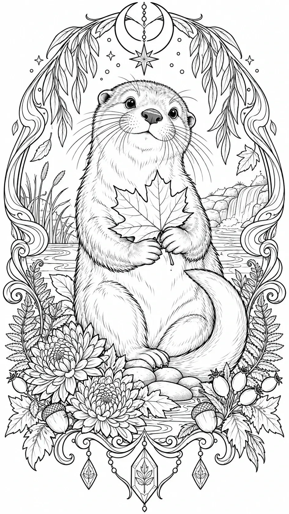 A black-and-white coloring page of an otter holding a leaf, framed by autumn leaves, flowers, and decorative swirls.