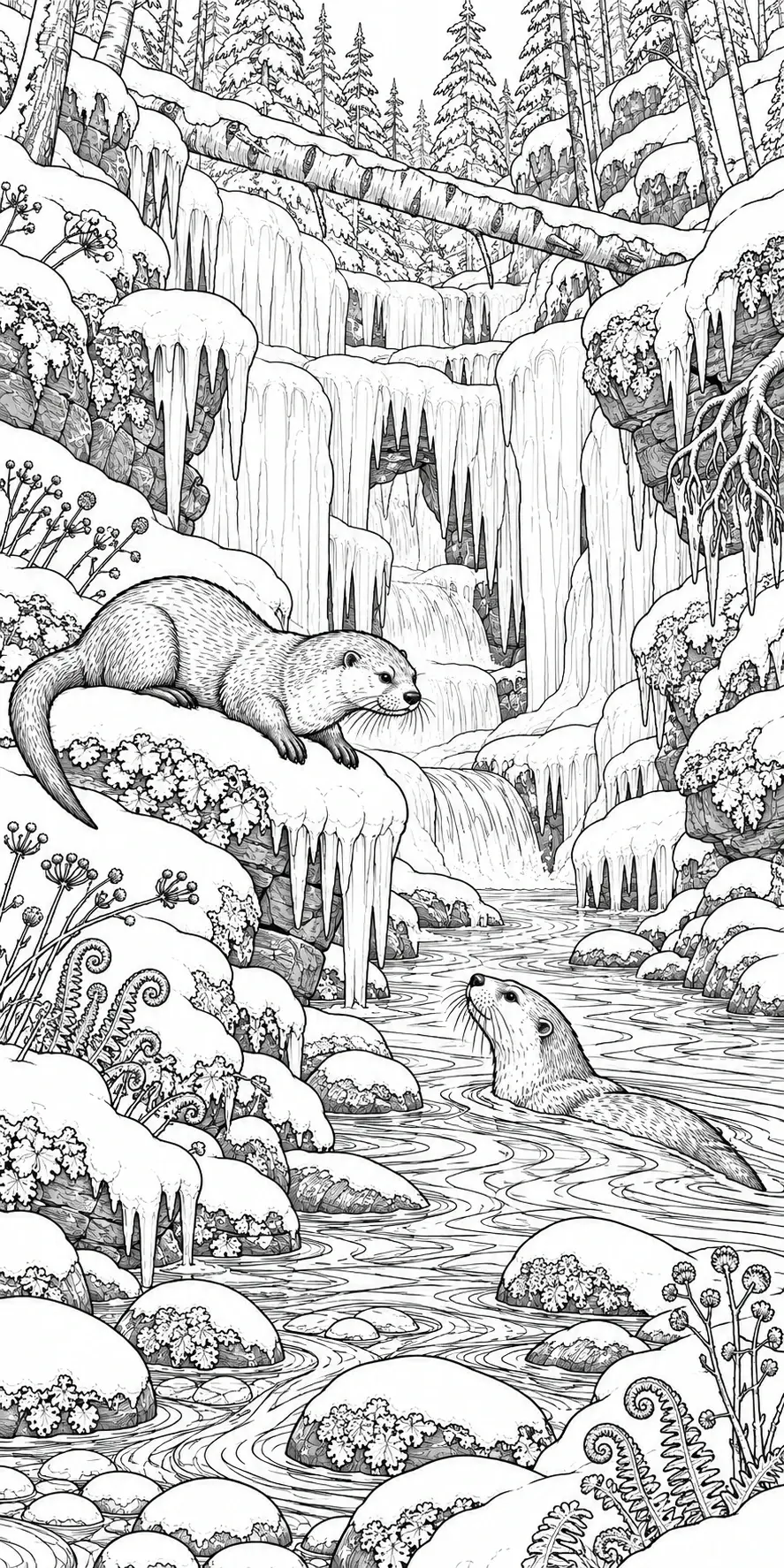 This black-and-white coloring page shows two otters, one resting on a snowy ledge and one swimming beneath a frozen waterfall.