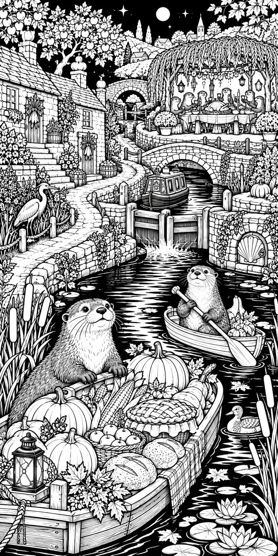 A detailed black-and-white coloring page shows several otters beside a canal, with boats, pumpkins, autumn leaves, and a harvest meal.