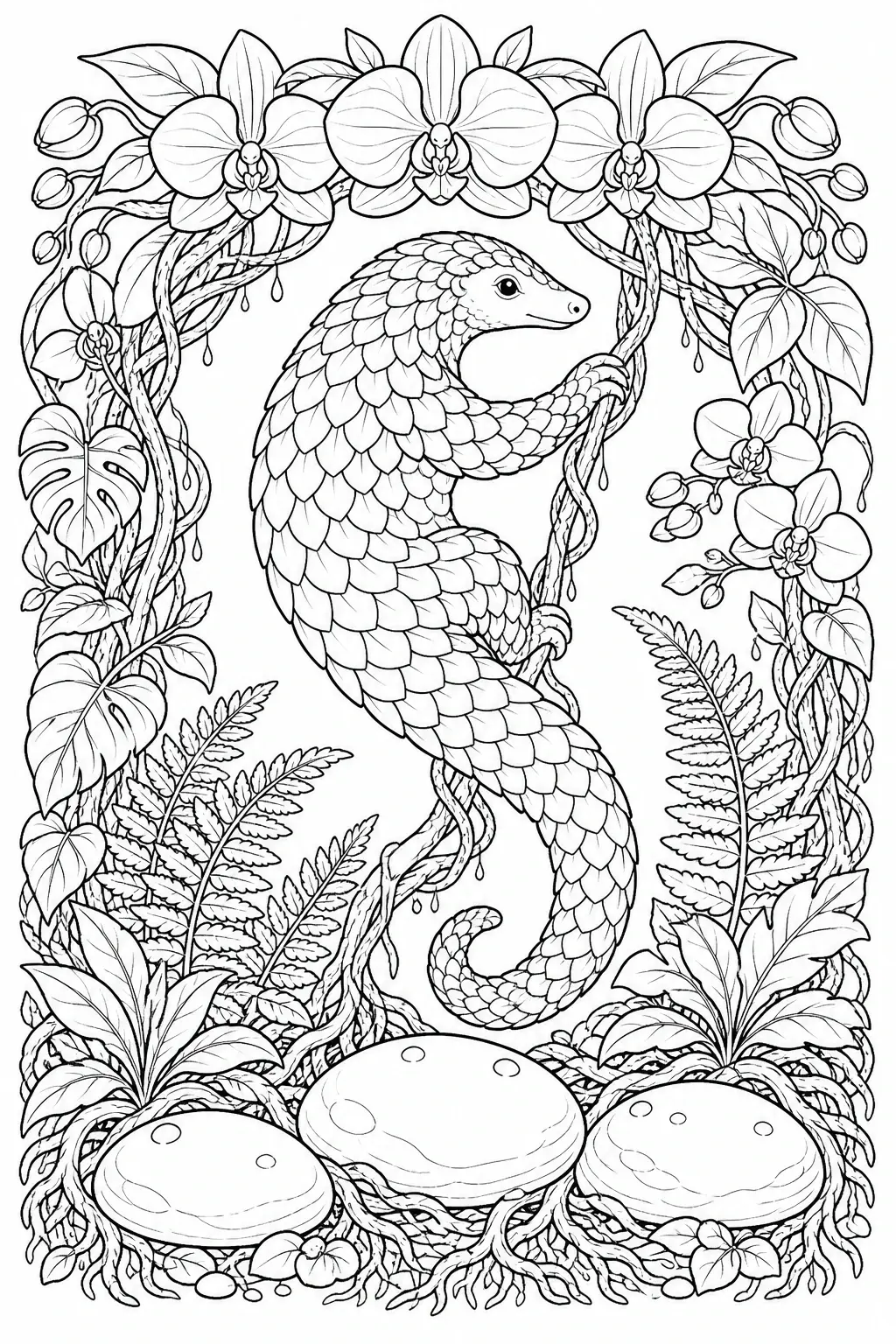 A pangolin coloring page shows a curled animal climbing through vines, orchids, and leaves above three stones.