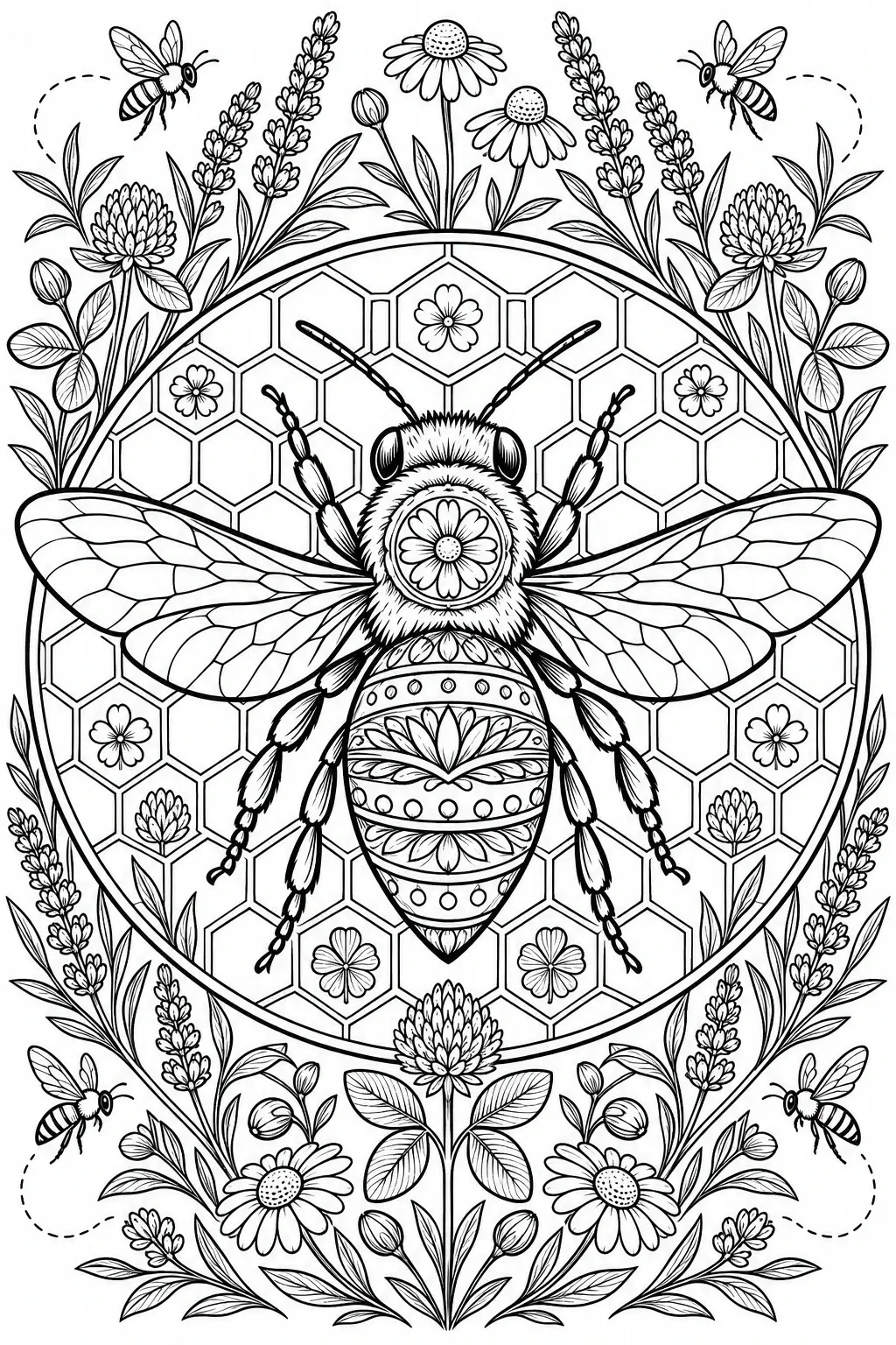 A black-and-white coloring page shows a large patterned bee against a honeycomb design, surrounded by flowers, leafy stems, and smaller bees.