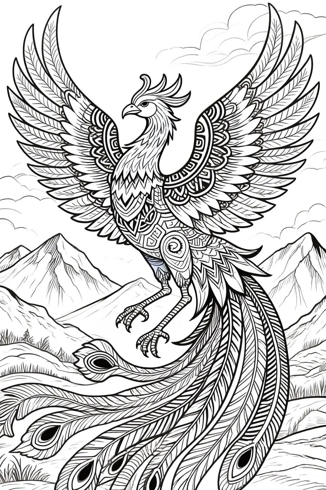 Intricate black-and-white phoenix mandala flying above mountains; highly detailed coloring page line art for animal coloring page, adult coloring page, kids' coloring page; ideal as printable coloring