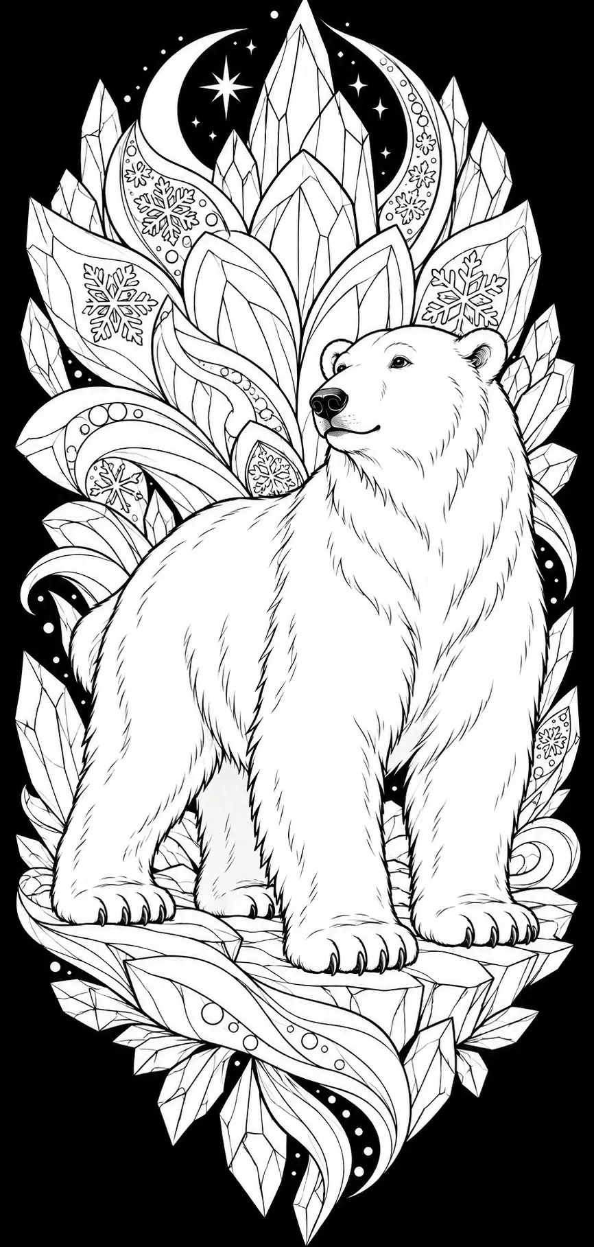 A single polar bear stands among faceted crystals, patterned snowflakes, a crescent moon, and stars in this black-and-white coloring page.