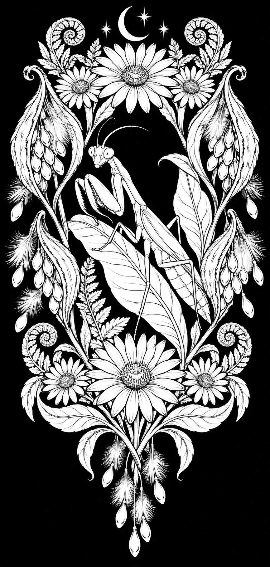 A praying mantis is surrounded by daisies, leaves, ornamental feathers, a crescent moon, and stars in this detailed coloring page.