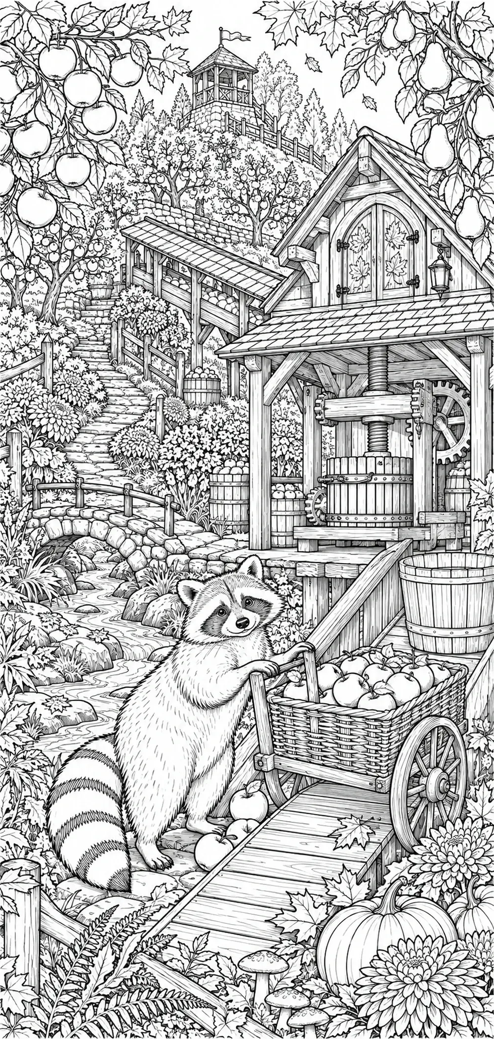 A raccoon stands beside a basket of apples in a black-and-white coloring page of an autumn orchard with a watermill and pumpkins.